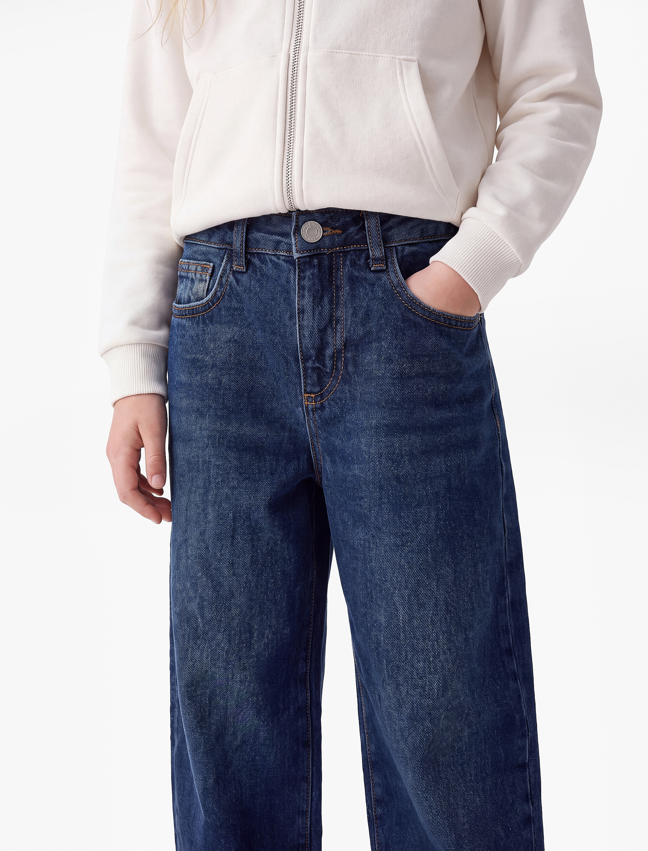  Kız Çocuk Pamuklu Dikiş Detaylı Cepli Balon Kesim Denim Pantolon
