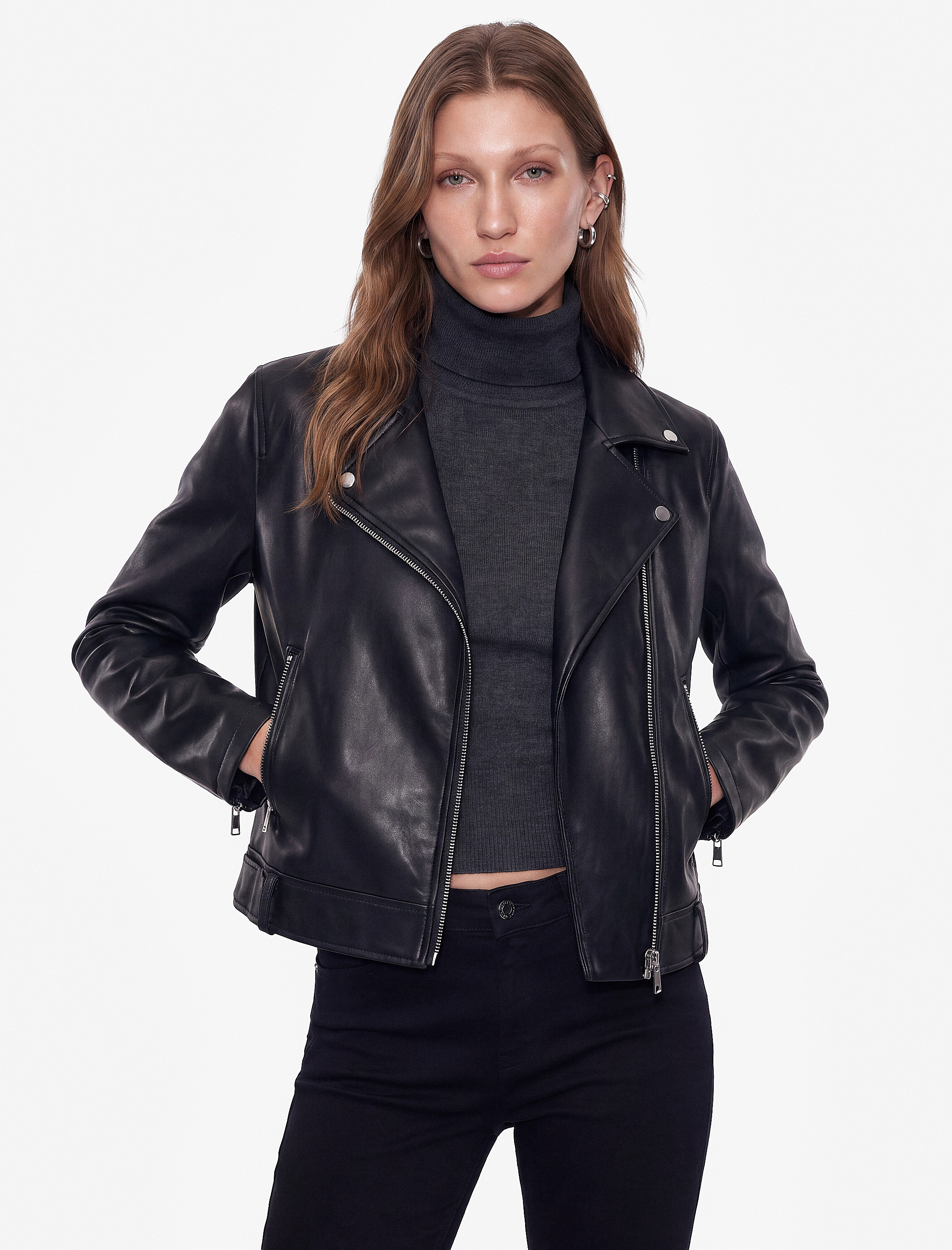   Uzun Kollu Fermuarlı Suni Deri Crop Biker Ceket