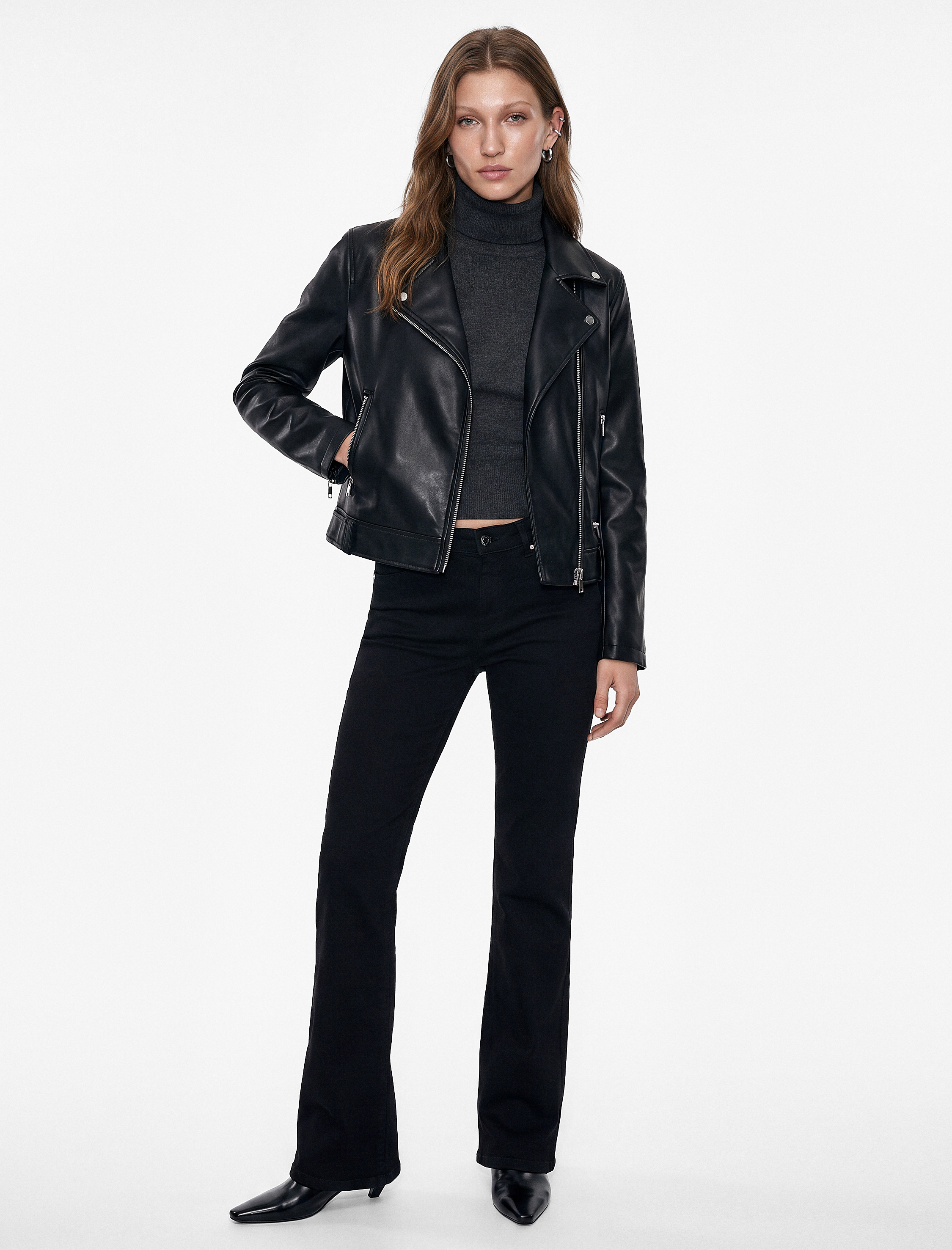  Uzun Kollu Fermuarlı Suni Deri Crop Biker Ceket