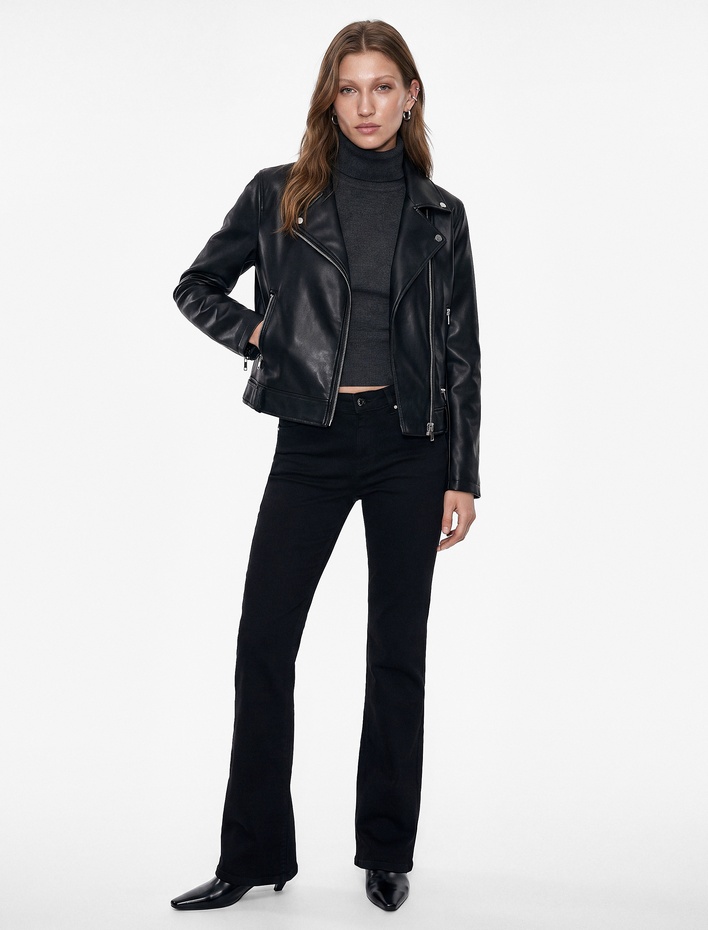  Uzun Kollu Fermuarlı Suni Deri Crop Biker Ceket
