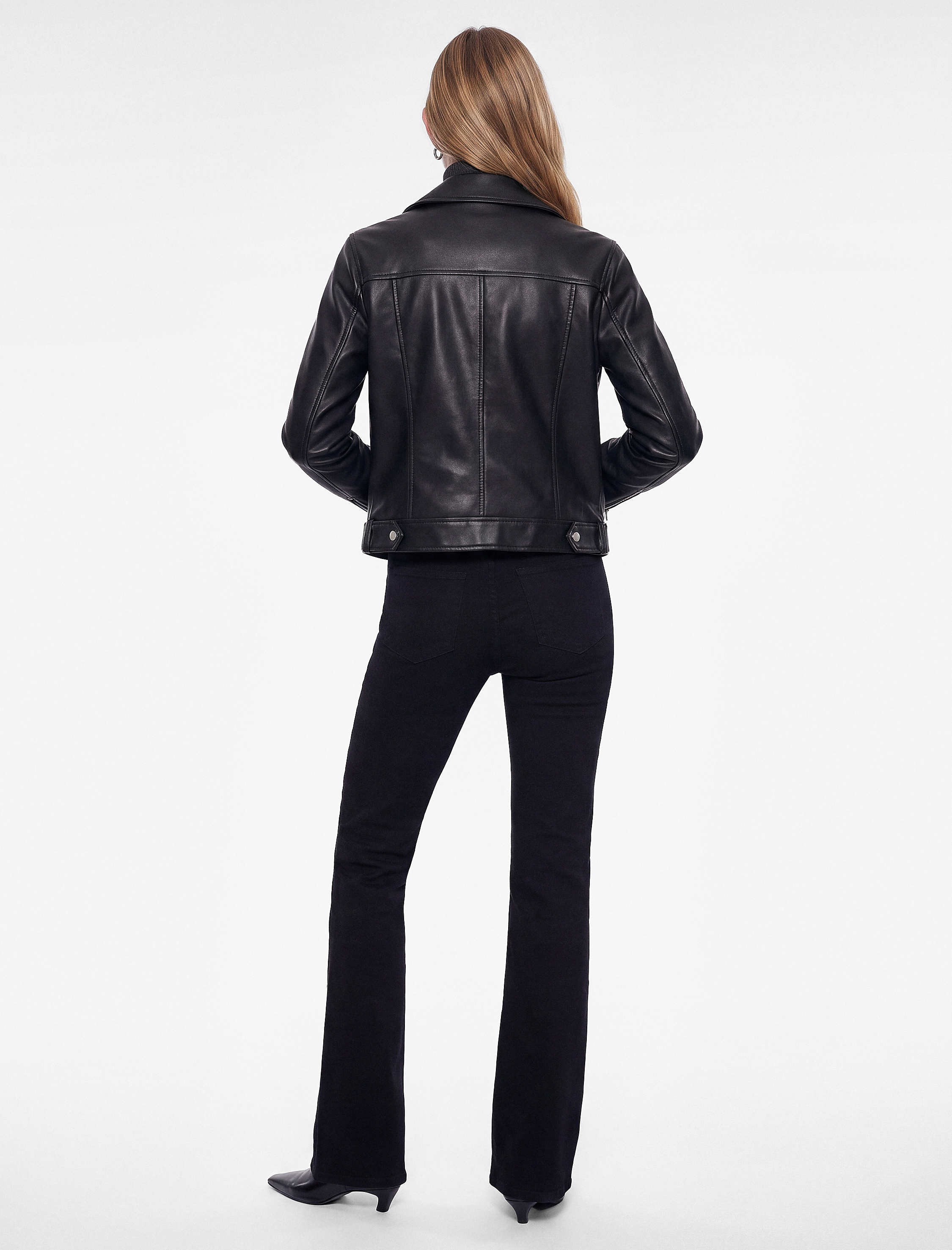   Uzun Kollu Fermuarlı Suni Deri Crop Biker Ceket
