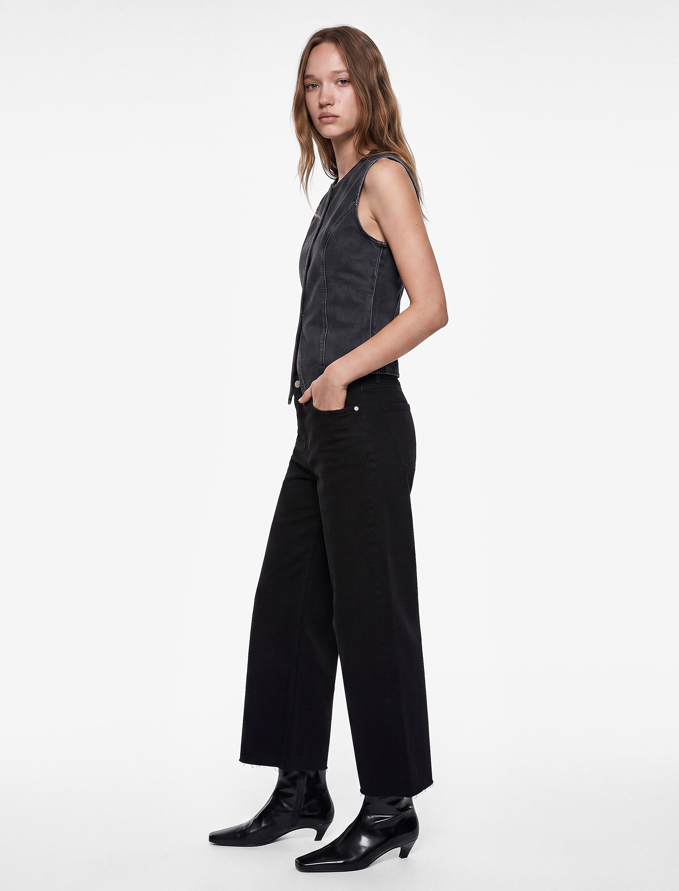   Cepli Rahat Kalıp Kesik Paça Yüksek Bel  Jean Pantolon - Culoette Jean