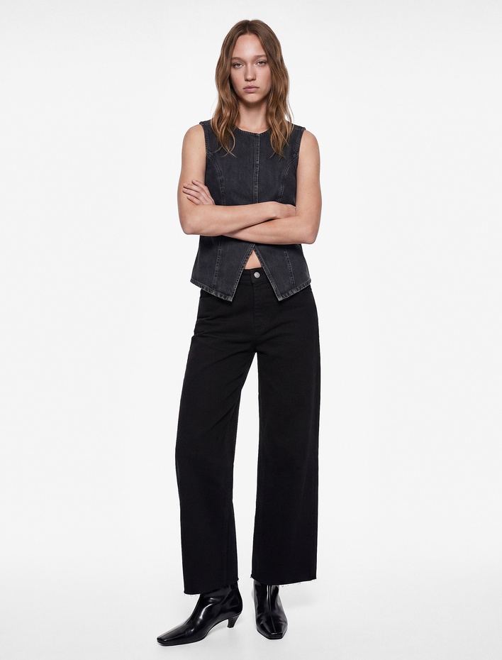  Cepli Rahat Kalıp Kesik Paça Yüksek Bel  Jean Pantolon - Culoette Jean