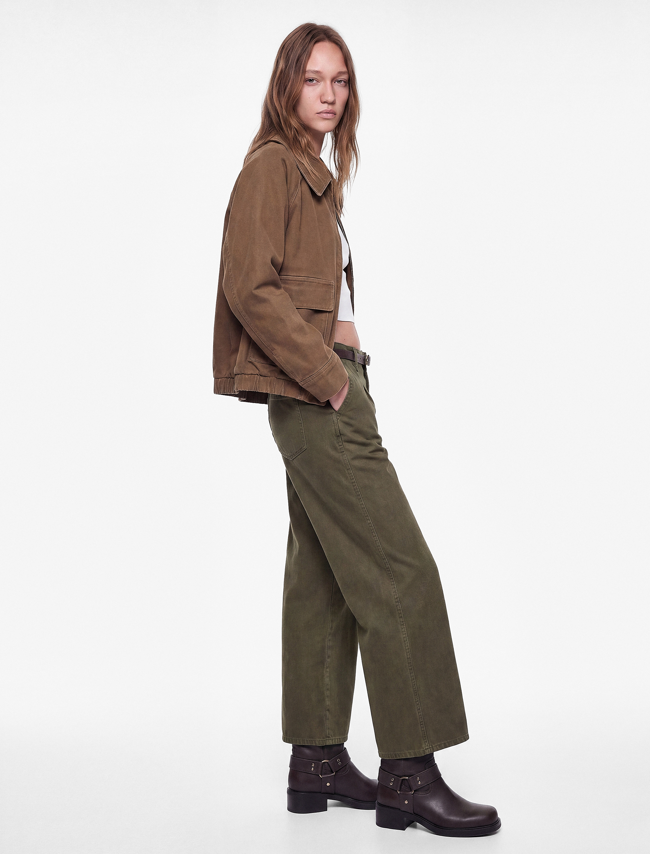   Pamuklu Geniş Paça Kemerli Crop Pantolon - Wide Leg Jeans