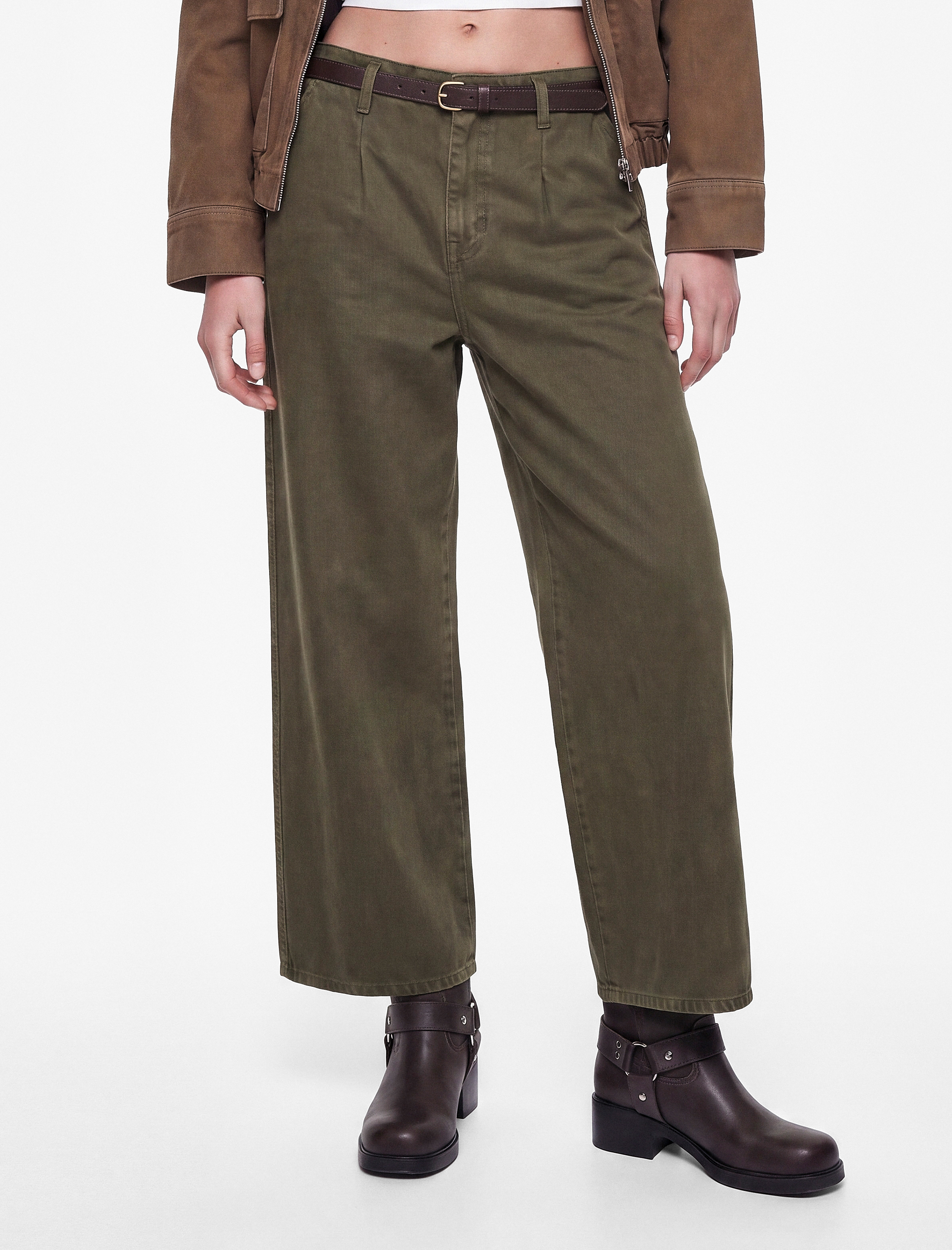   Pamuklu Geniş Paça Kemerli Crop Pantolon - Wide Leg Jeans