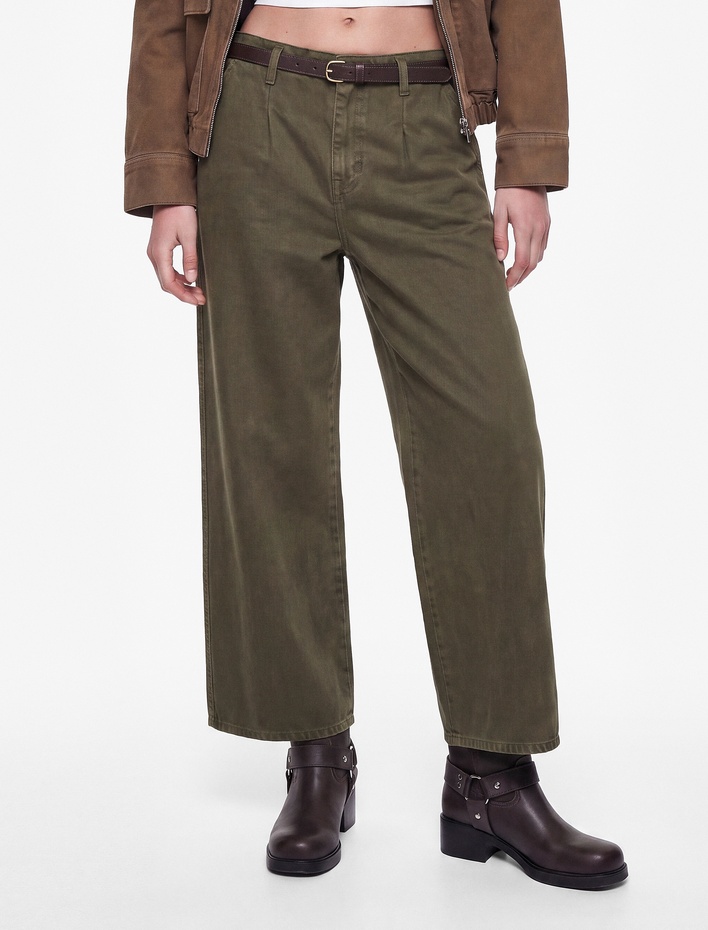  Pamuklu Geniş Paça Kemerli Crop Pantolon - Wide Leg Jeans