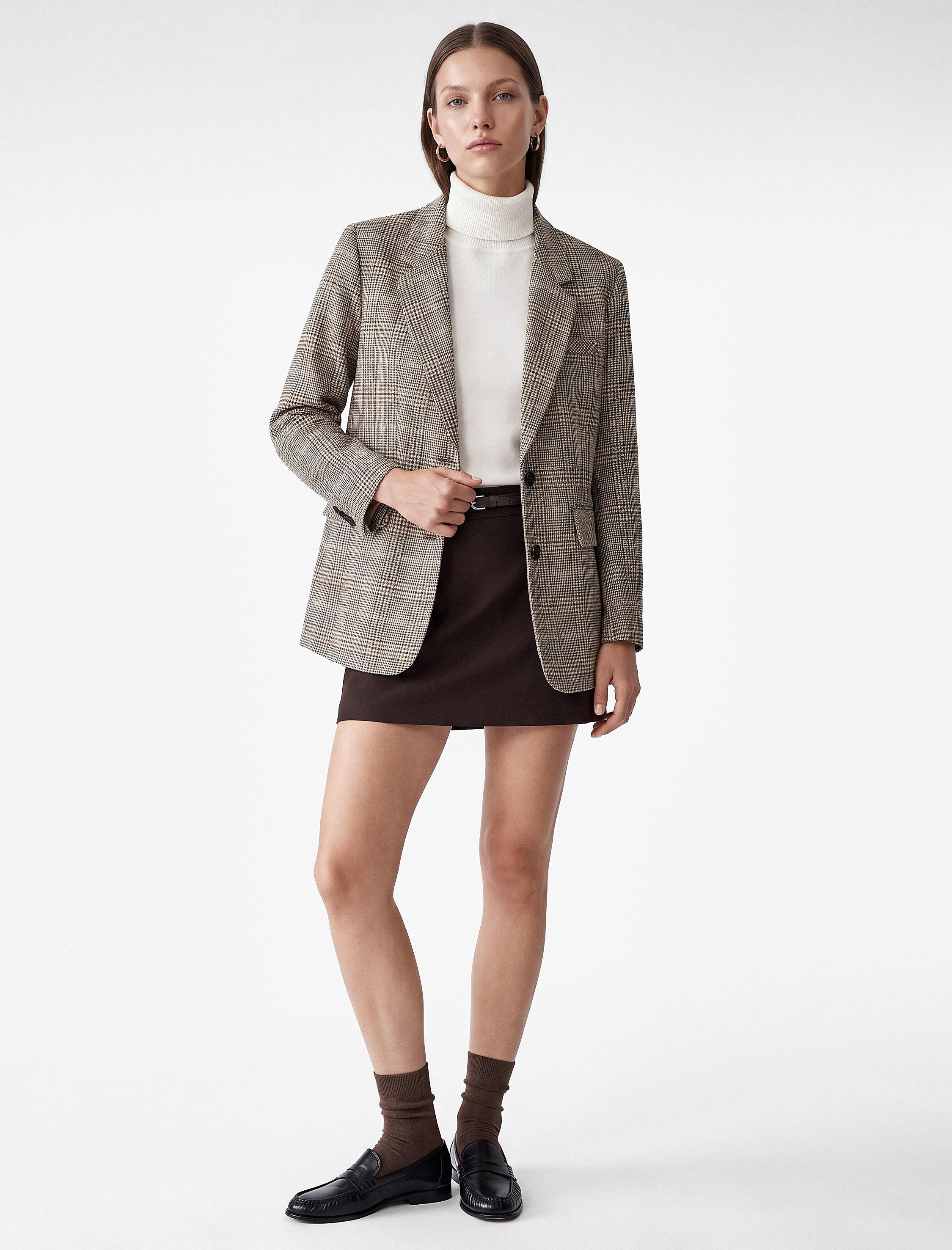   Cepli Düğmeli Uzun Kollu Kruvaze Ekose Blazer Ceket