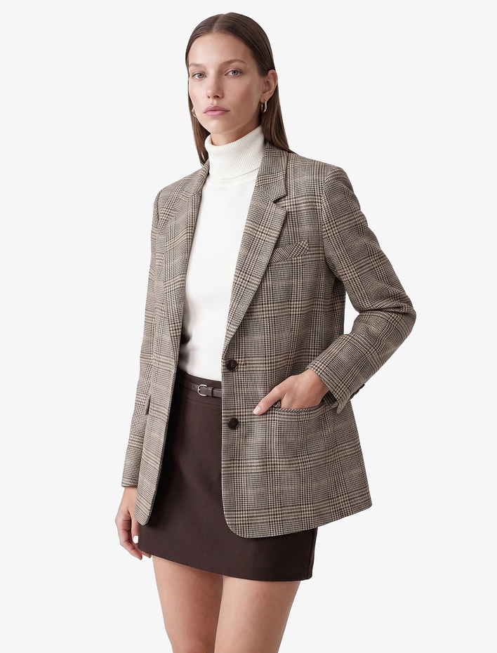  Cepli Düğmeli Uzun Kollu Kruvaze Ekose Blazer Ceket