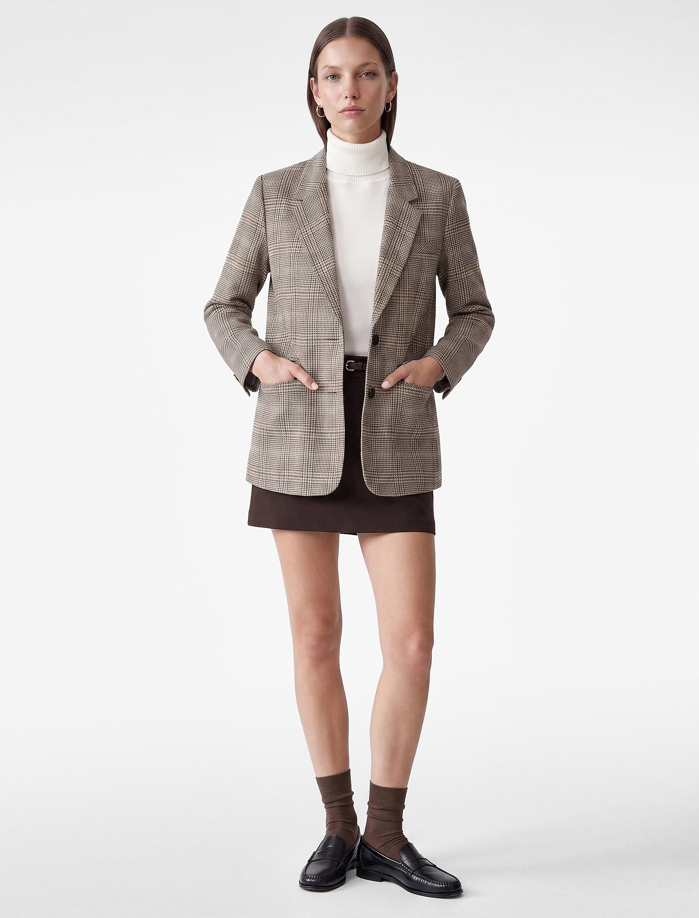   Cepli Düğmeli Uzun Kollu Kruvaze Ekose Blazer Ceket