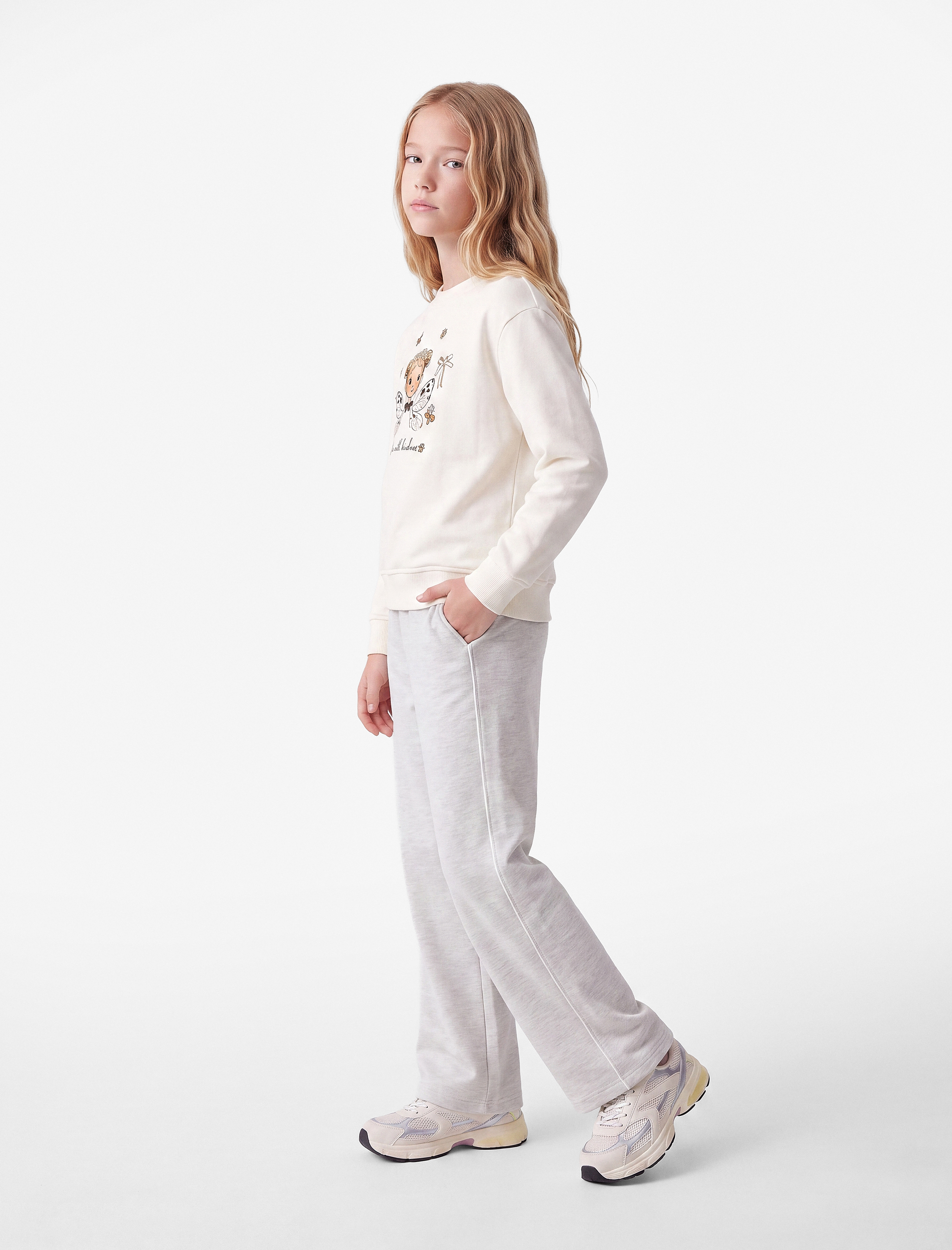  Kız Çocuk Bisiklet Yaka Uzun Kollu Baskılı Sweatshirt