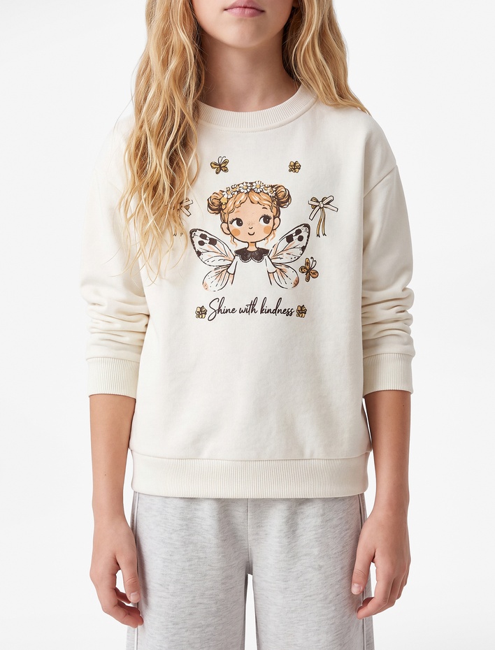 Kız Çocuk Bisiklet Yaka Uzun Kollu Baskılı Sweatshirt