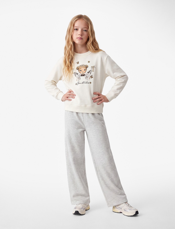 Kız Çocuk Bisiklet Yaka Uzun Kollu Baskılı Sweatshirt
