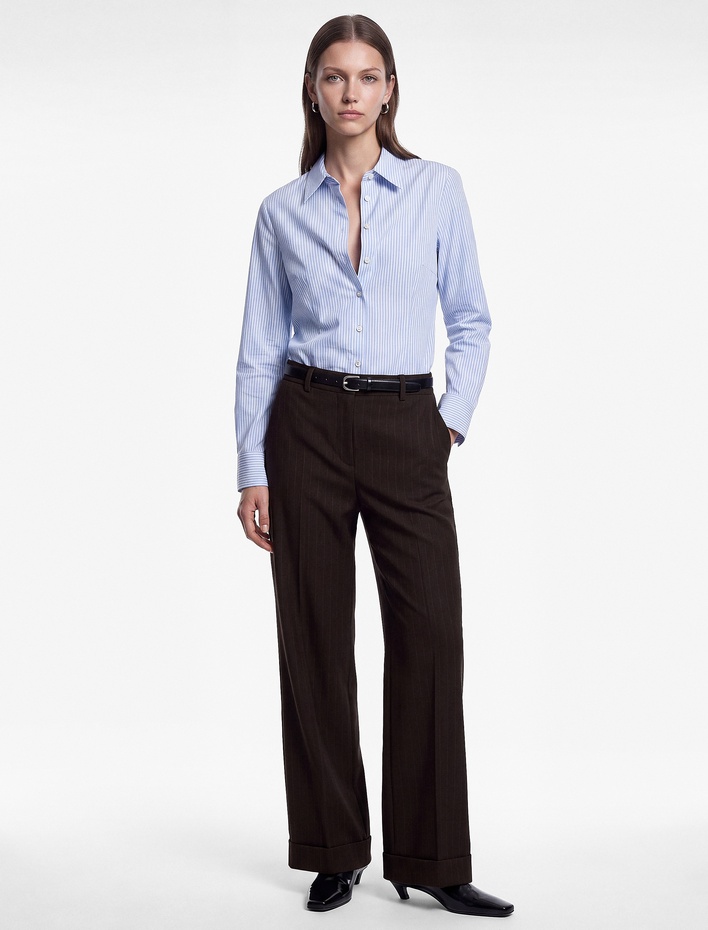  Regular Fit Uzun Kollu Klasik Yaka Düğmeli Çizgili Poplin Gömlek