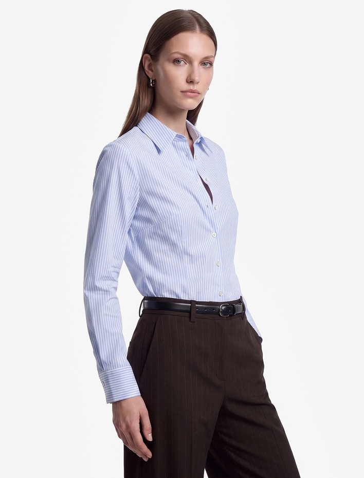  Regular Fit Uzun Kollu Klasik Yaka Düğmeli Çizgili Poplin Gömlek