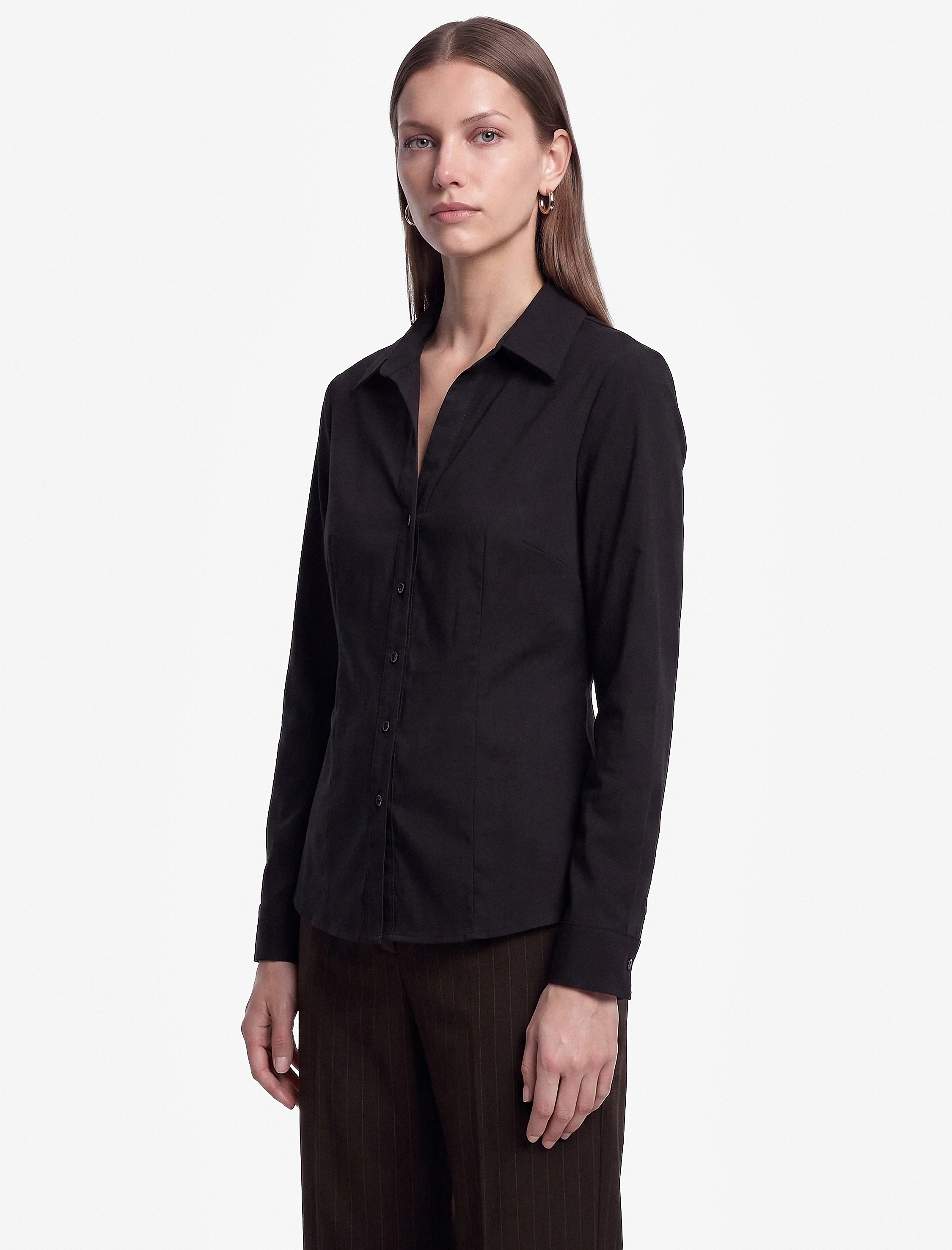   Slim Fit Düğmeli Klasik Yaka Uzun Kollu Poplin Gömlek