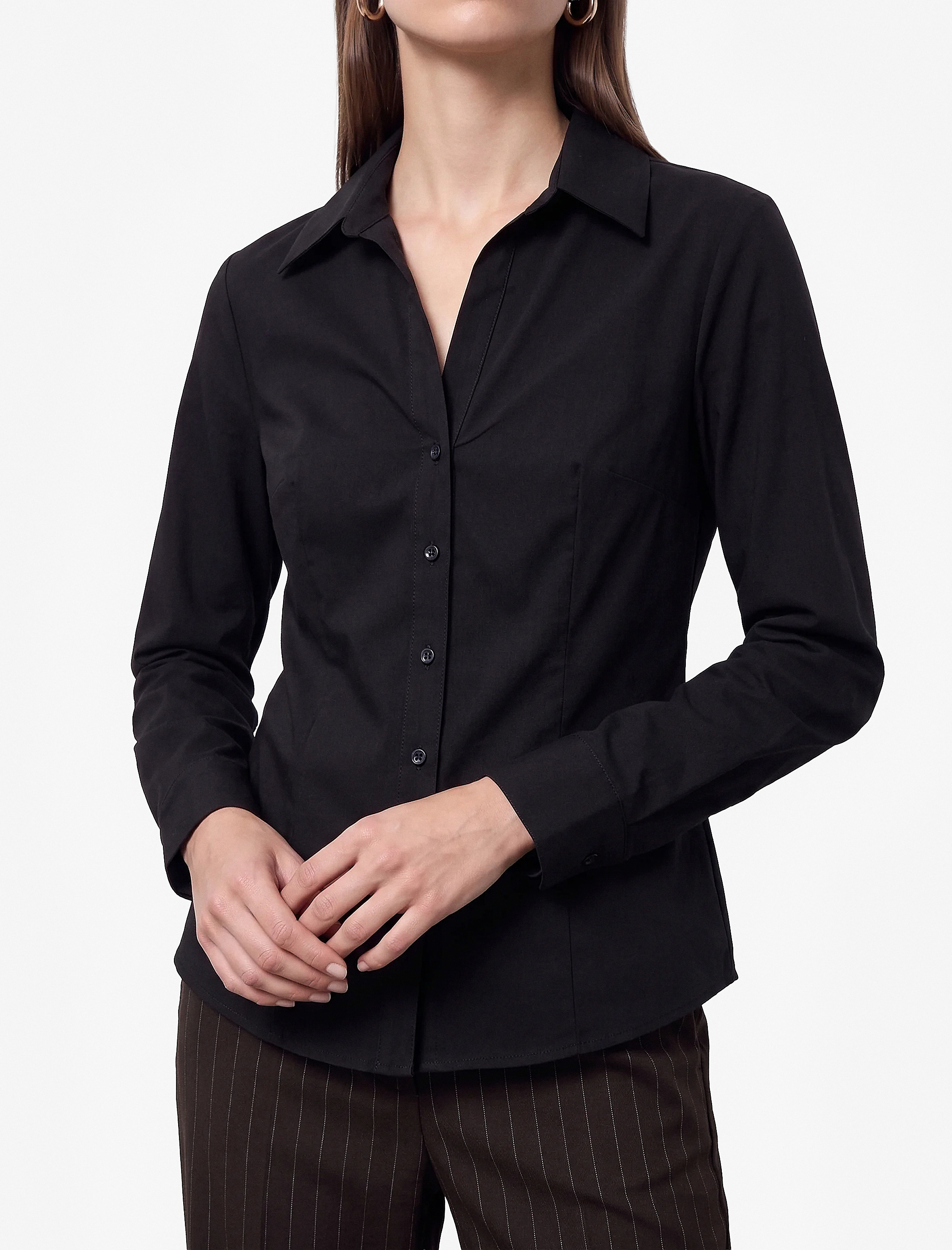   Slim Fit Düğmeli Klasik Yaka Uzun Kollu Poplin Gömlek