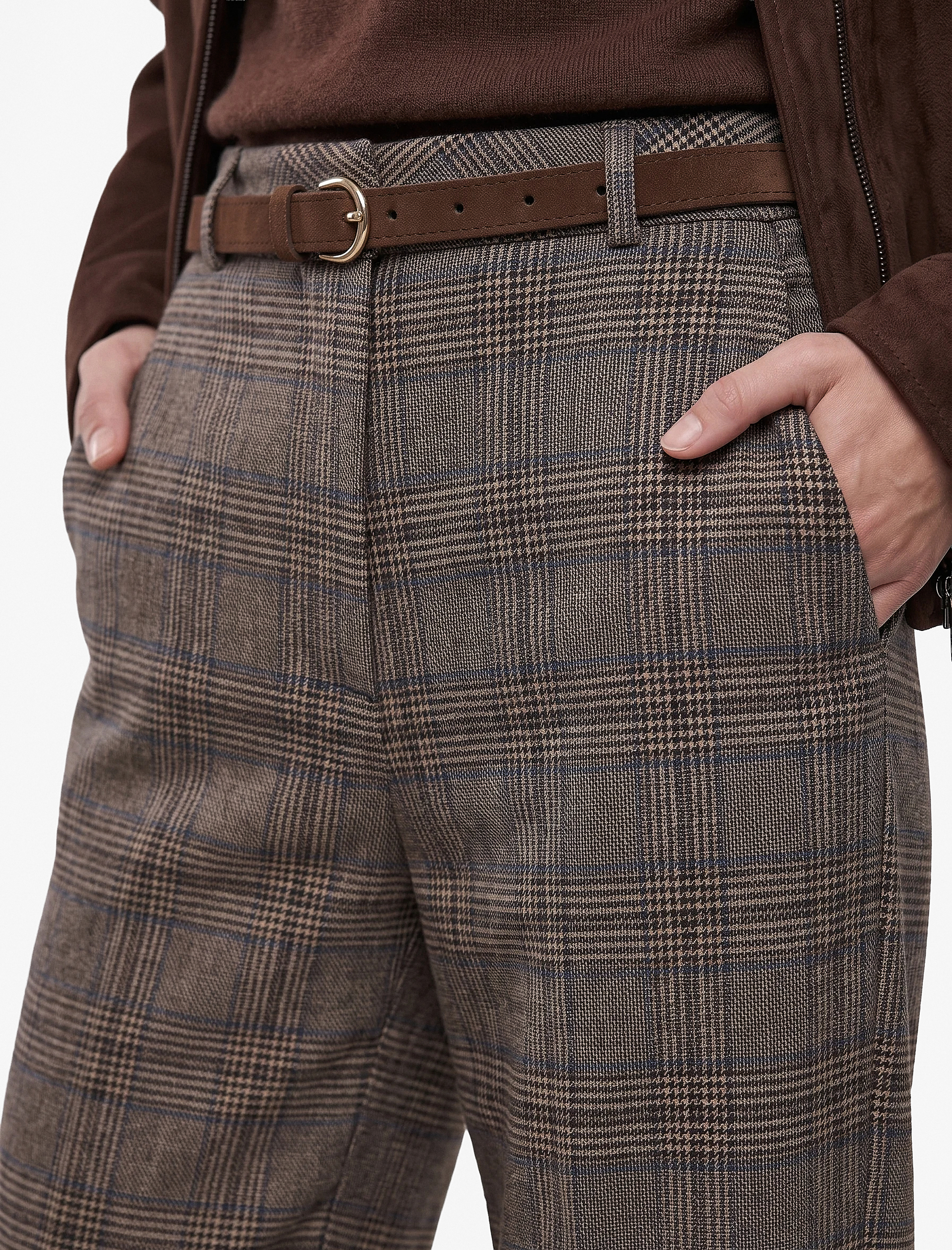   Viskon Karışımlı Cepli Düz Bol Paça Kemerli Ekose Pantolon
