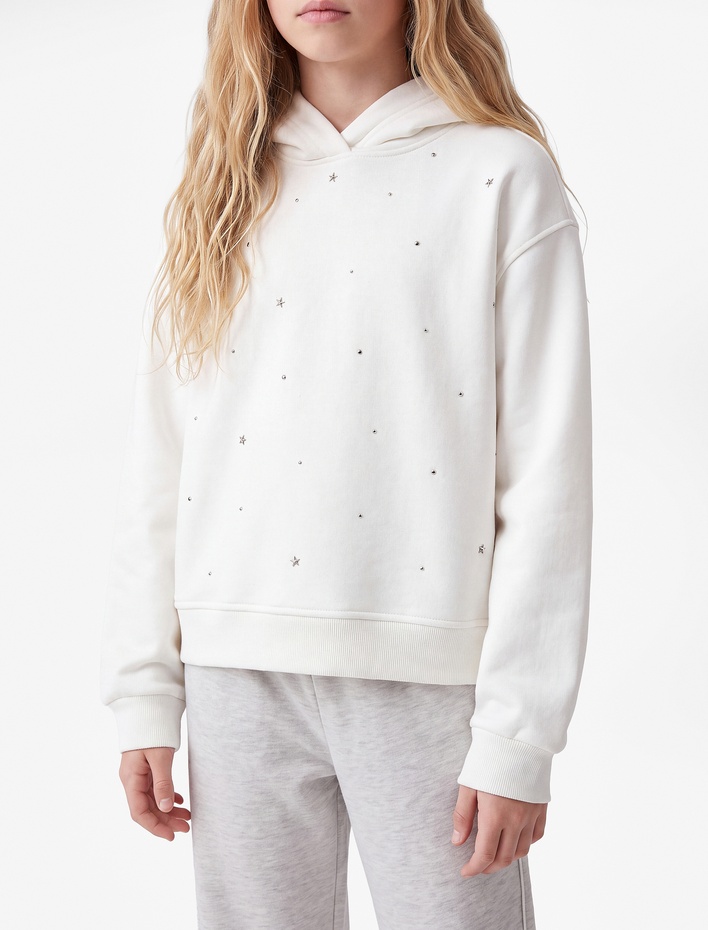 Kız Çocuk Şardonlu Trok ve Yıldız Detaylı Uzun Kollu Oversize Kapşonlu Sweatshirt