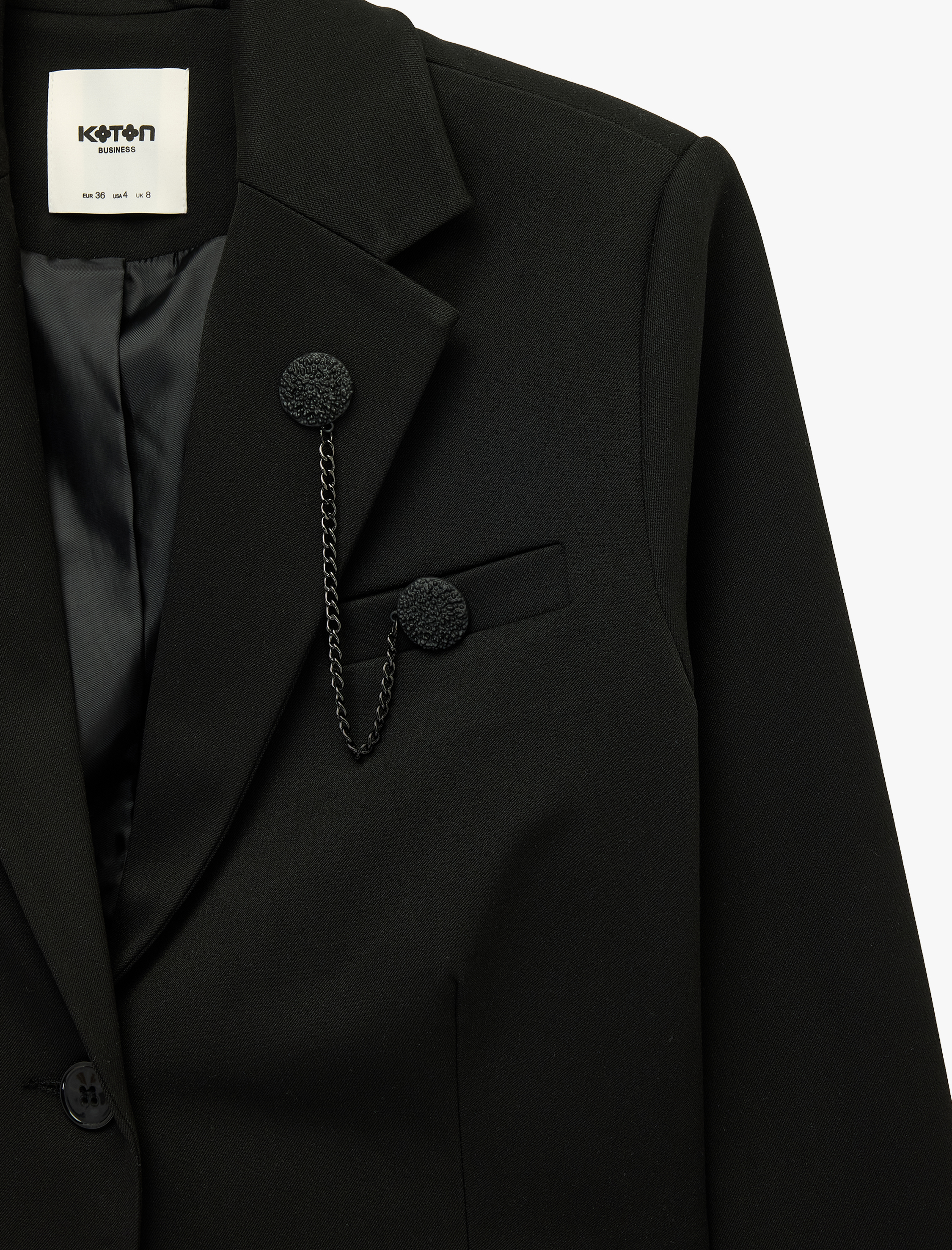   Broş Detaylı Geniş Yaka Uzun Kollu Crop Blazer Ceket