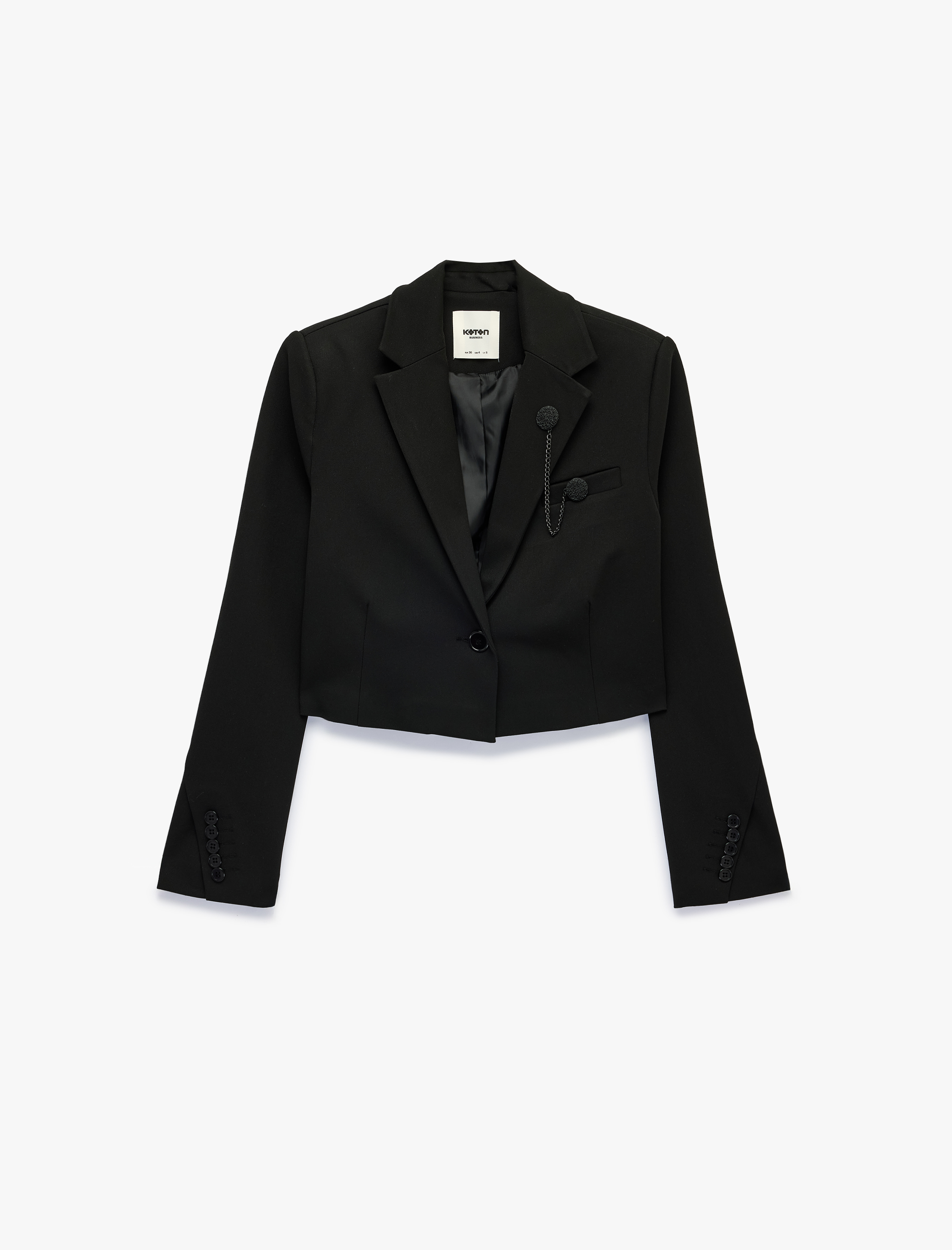   Broş Detaylı Geniş Yaka Uzun Kollu Crop Blazer Ceket