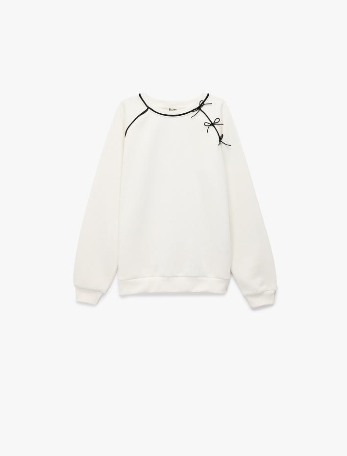 Kız Çocuk Fiyonk Detaylı Uzun Kollu Bisiklet Yaka Şardonlu Sweatshirt