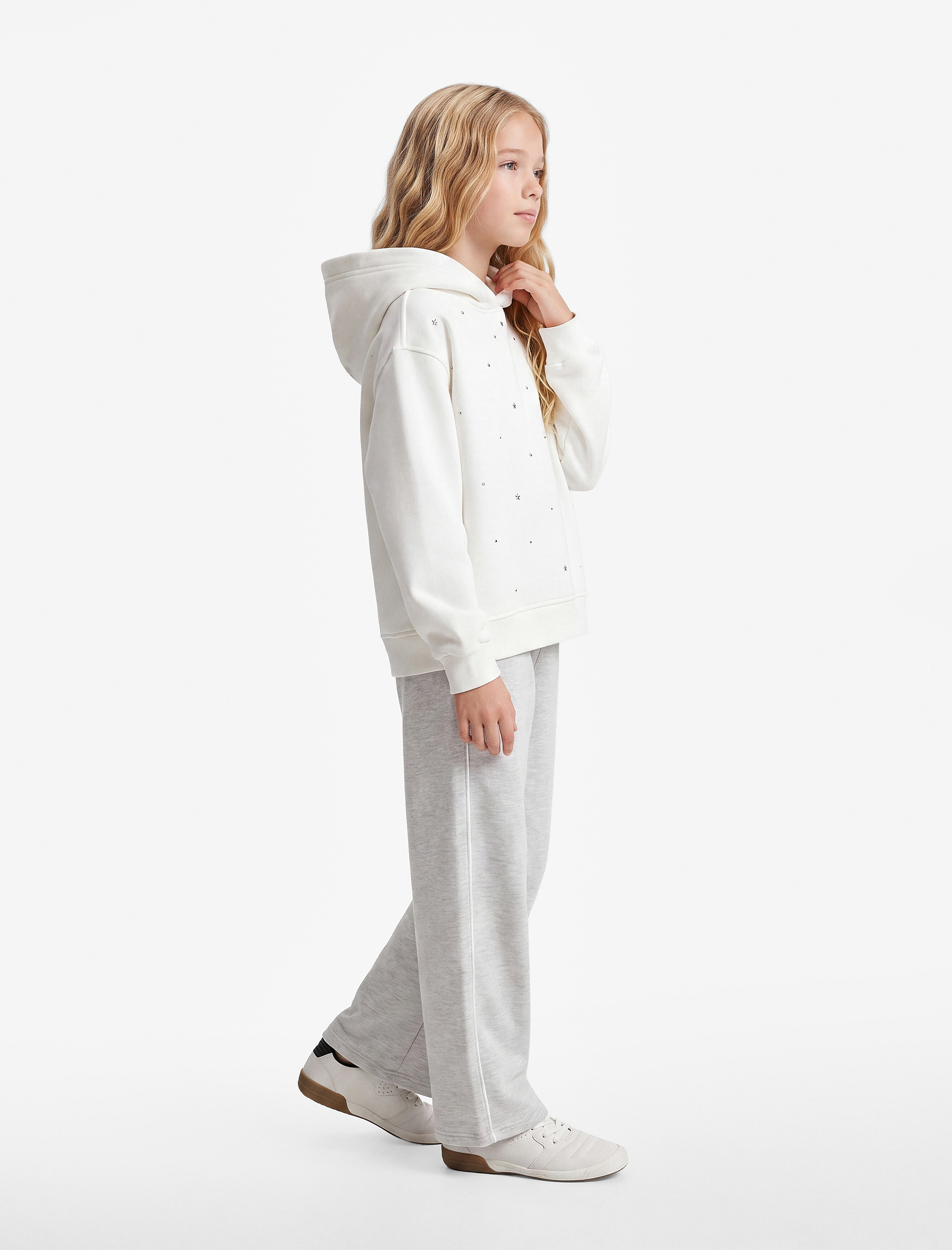  Kız Çocuk Şardonlu Trok ve Yıldız Detaylı Uzun Kollu Oversize Kapşonlu Sweatshirt