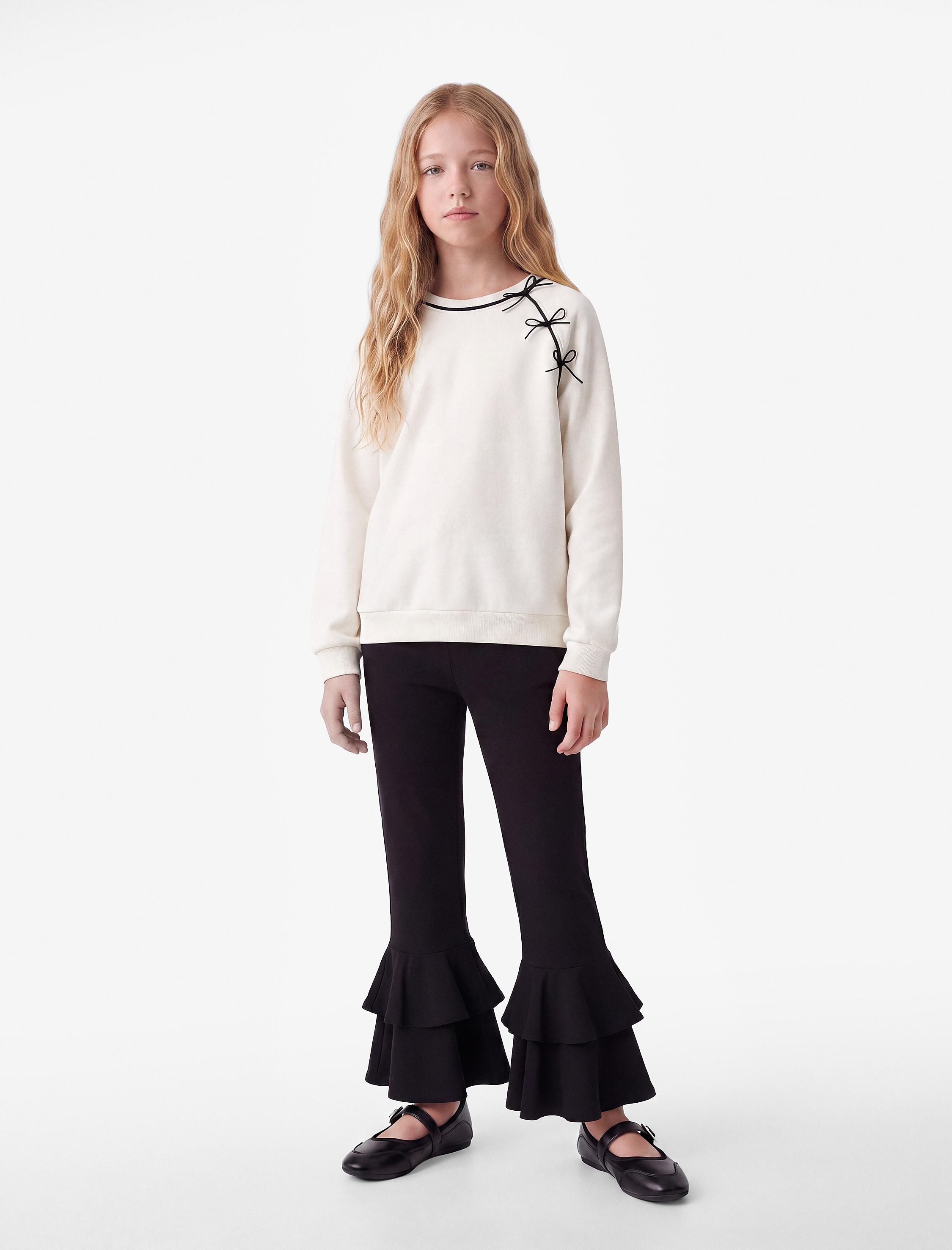  Kız Çocuk Fiyonk Detaylı Uzun Kollu Bisiklet Yaka Şardonlu Sweatshirt