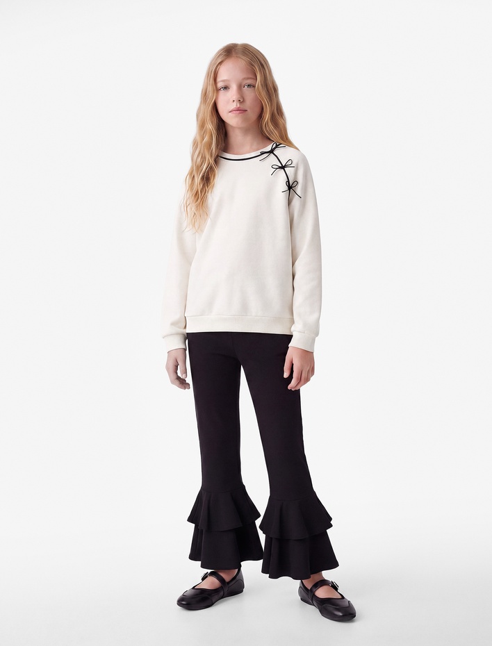 Kız Çocuk Fiyonk Detaylı Uzun Kollu Bisiklet Yaka Şardonlu Sweatshirt