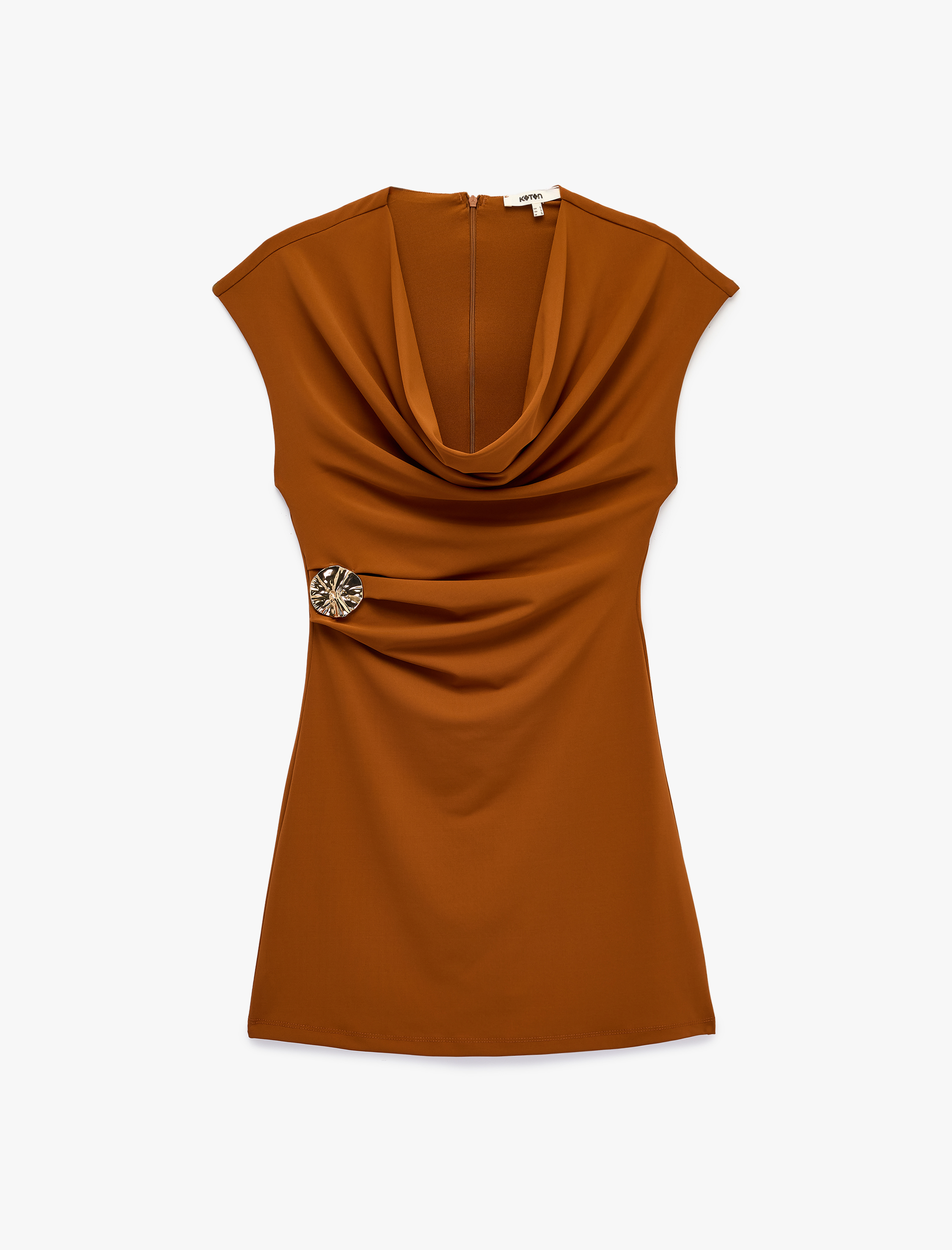   Slim Fit Kısa Kollu Metal Aksesuarlı Degaje Yaka Bodycon Mini Abiye Elbise