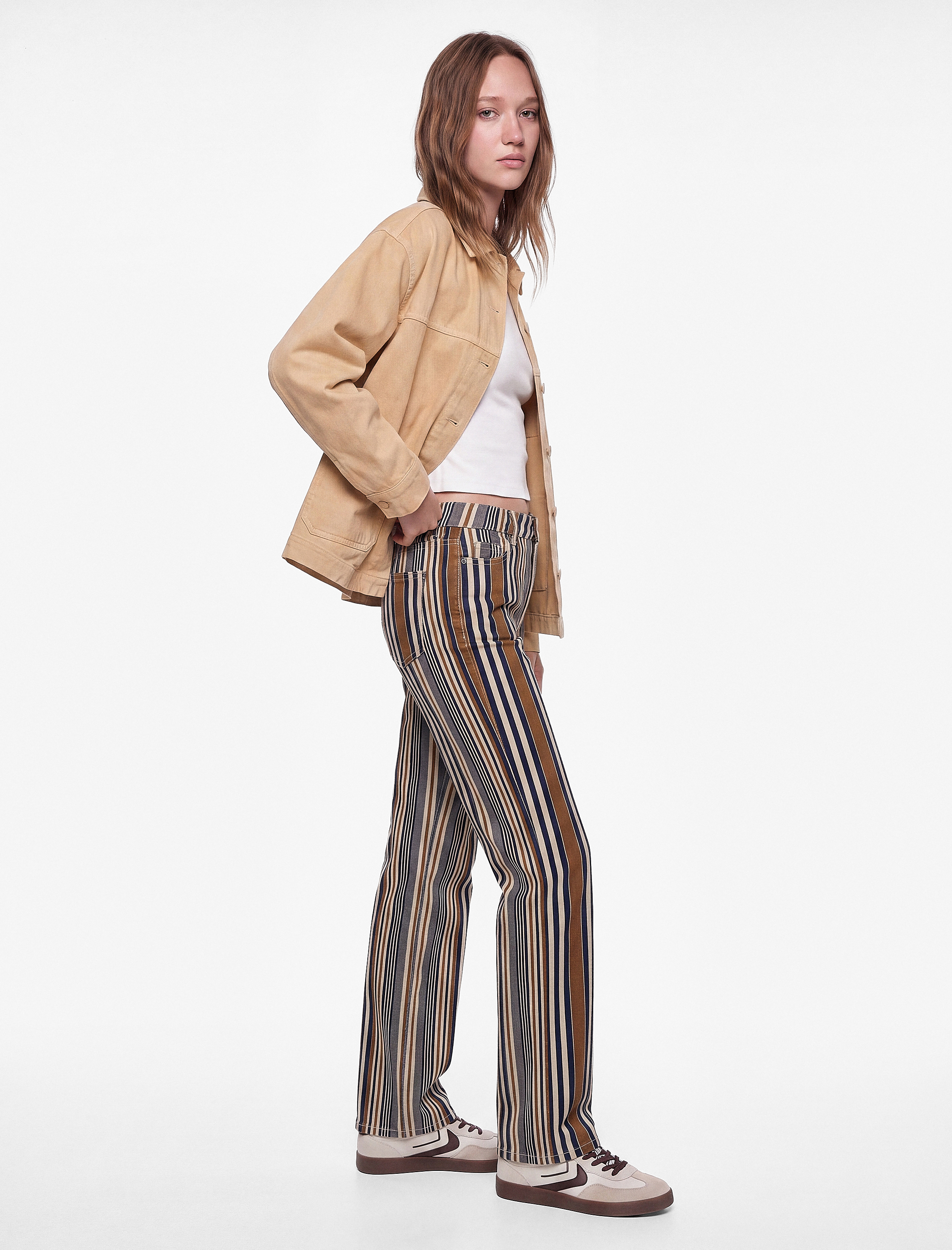   Düğmeli Cepli Pamuklu Düşük Bel Düz Paça Çizgili Pantolon - Straight Fit Jean