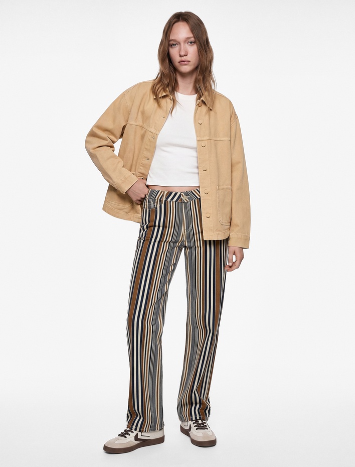  Düğmeli Cepli Pamuklu Düşük Bel Düz Paça Çizgili Pantolon - Straight Fit Jean