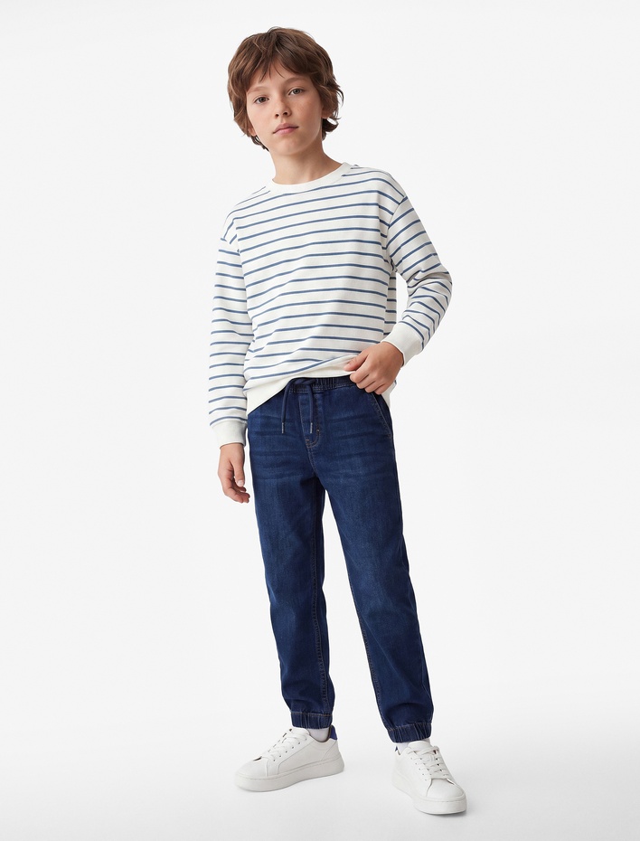 Erkek Çocuk Uzun Kollu Bisiklet Yaka Şardonlu Çizgili Sweatshirt