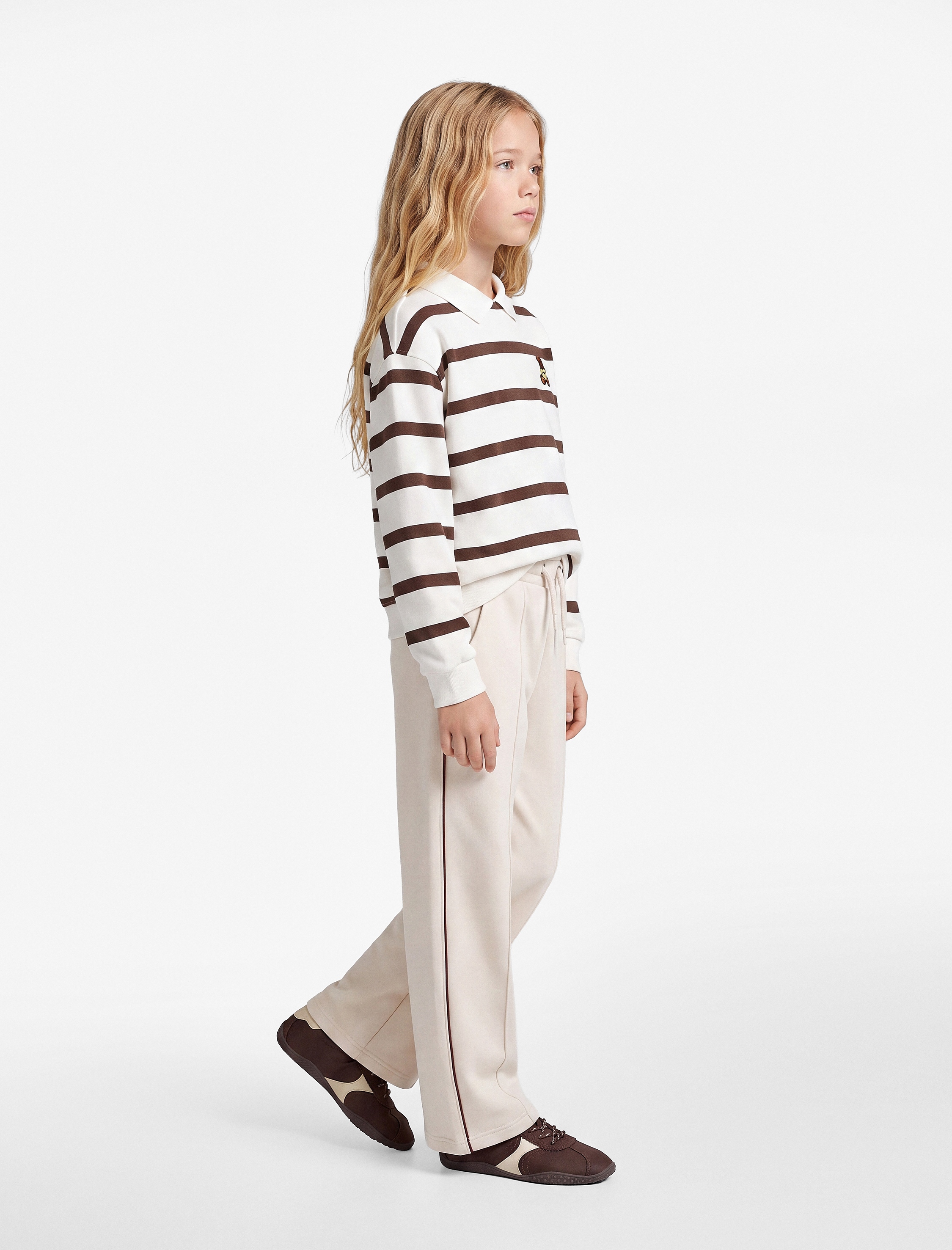  Kız Çocuk Uzun Kollu Nakış Detaylı Oversize Çizgili Polo Yaka Sweatshirt