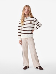 Uzun Kollu Nakış Detaylı Oversize Çizgili Polo Yaka Sweatshirt