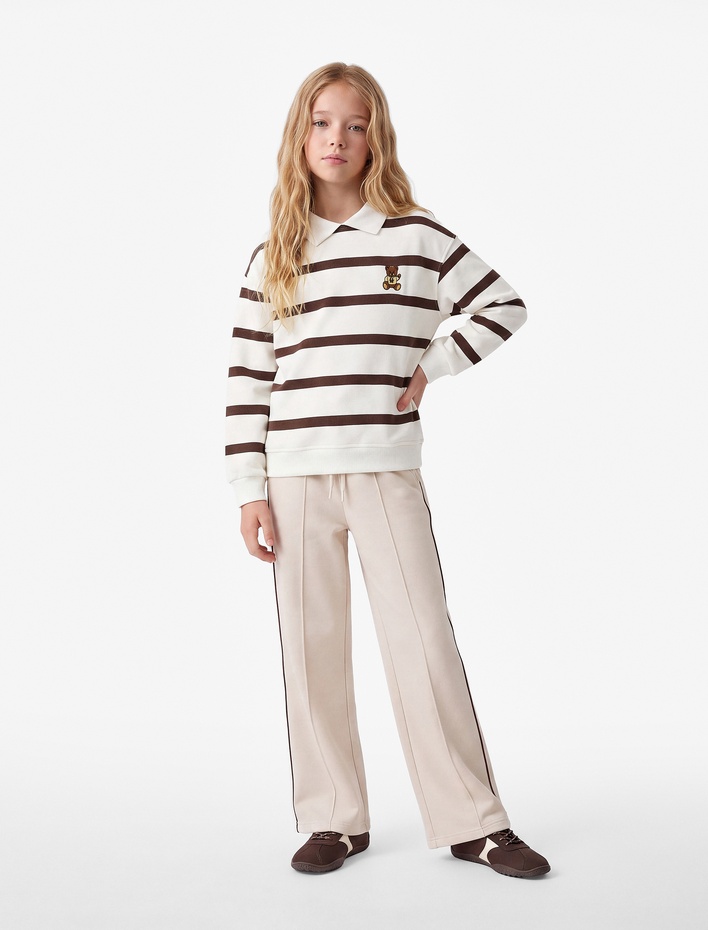 Kız Çocuk Uzun Kollu Nakış Detaylı Oversize Çizgili Polo Yaka Sweatshirt