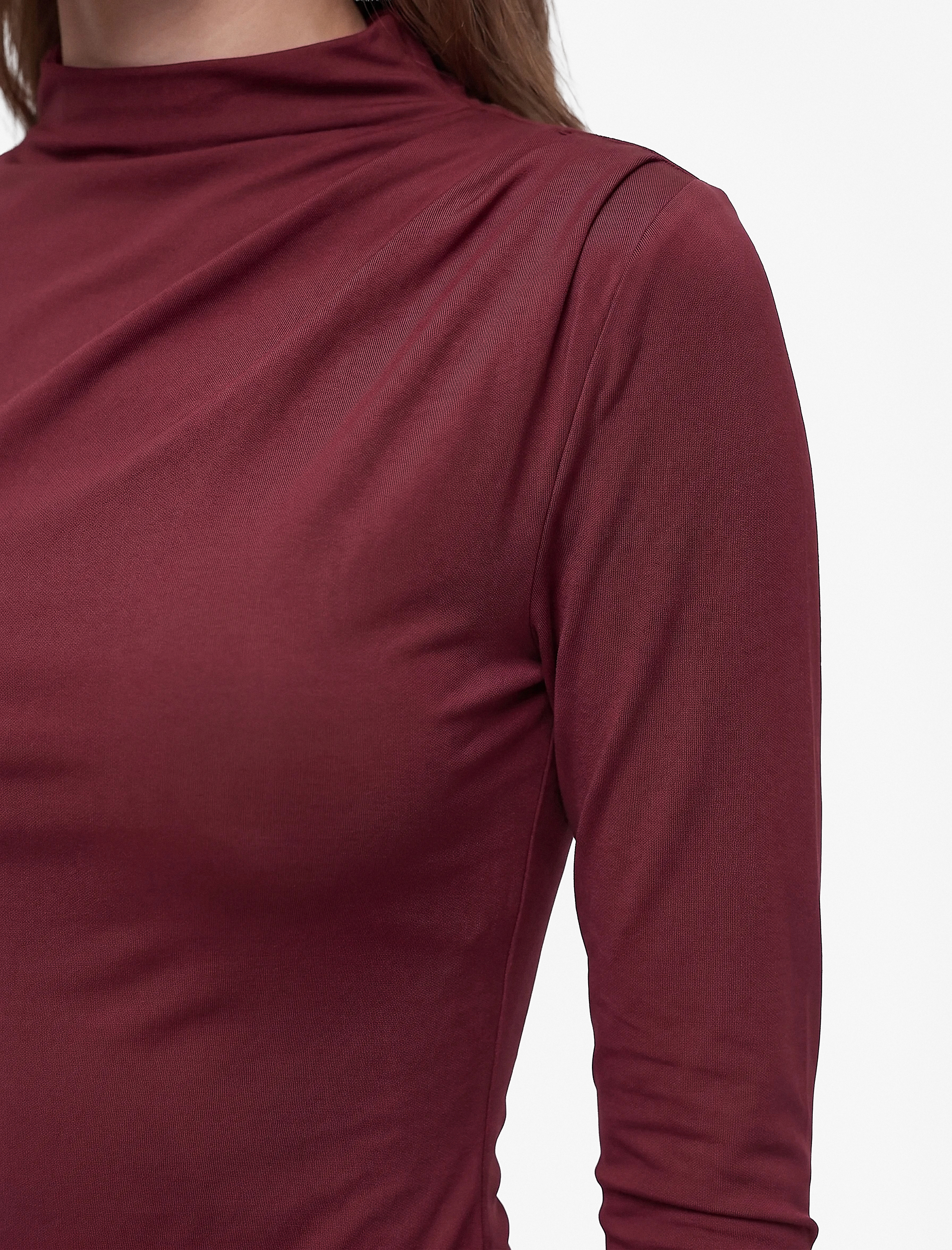   Slim Fit Uzun Kollu Drape Detaylı Hafif Dik Yaka Bodysuit