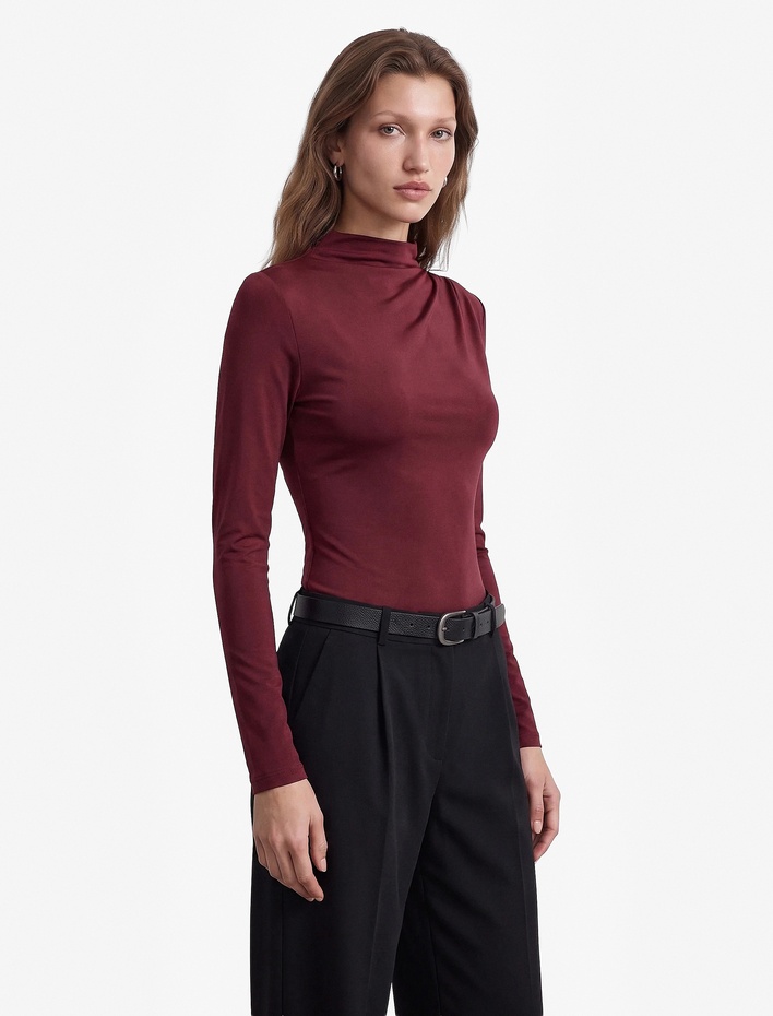  Slim Fit Uzun Kollu Drape Detaylı Hafif Dik Yaka Bodysuit