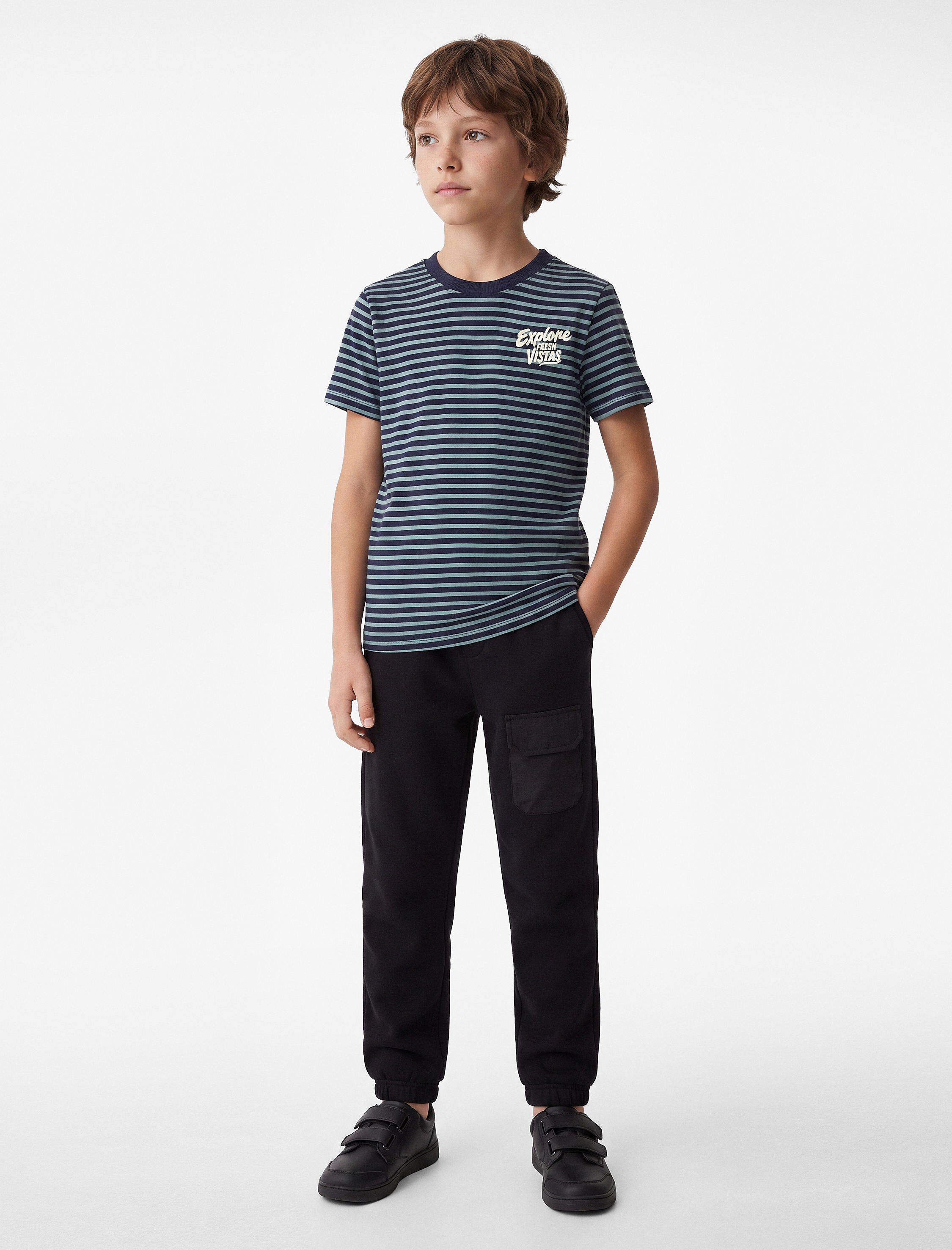  Erkek Çocuk Bisiklet Yaka Kısa Kollu Baskılı Pamuklu Çizgili Tişört