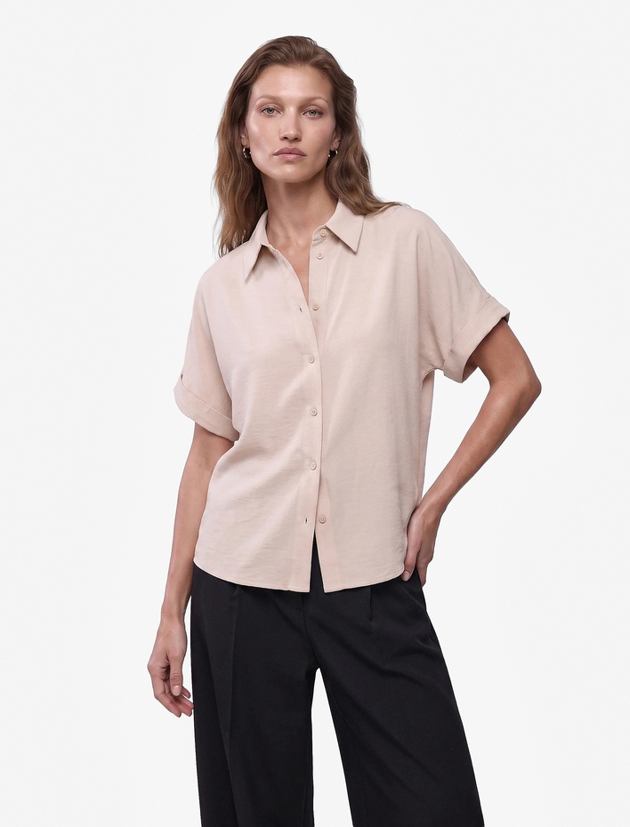  Modal Kumaş Katlama Detaylı Kısa Kollu Oversize Gömlek
