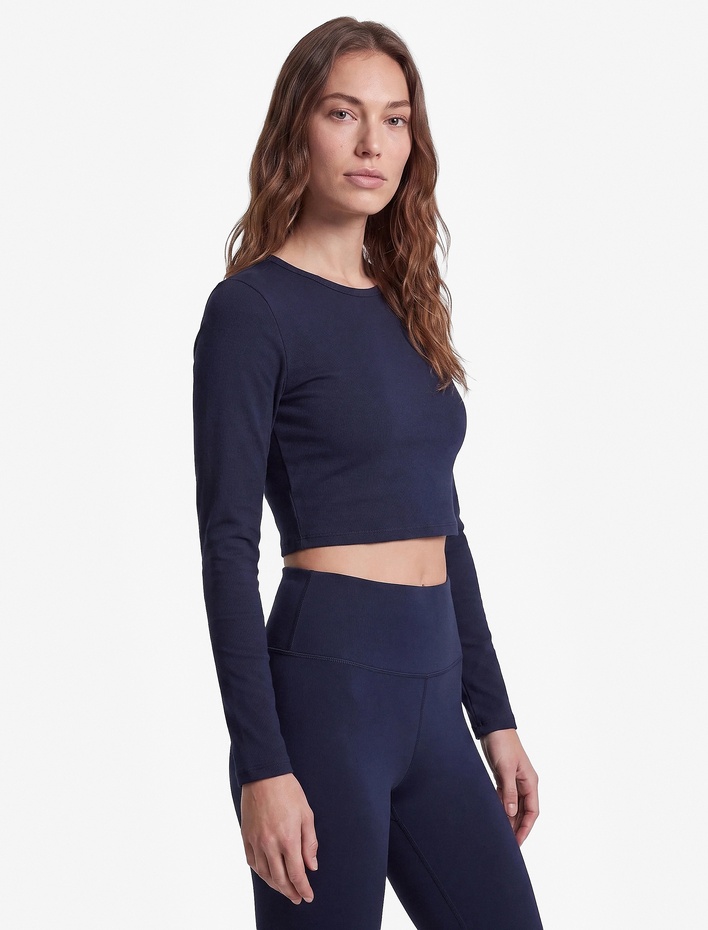  Pamuklu Bisiklet Yaka Uzun Kollu Crop Spor Tişört