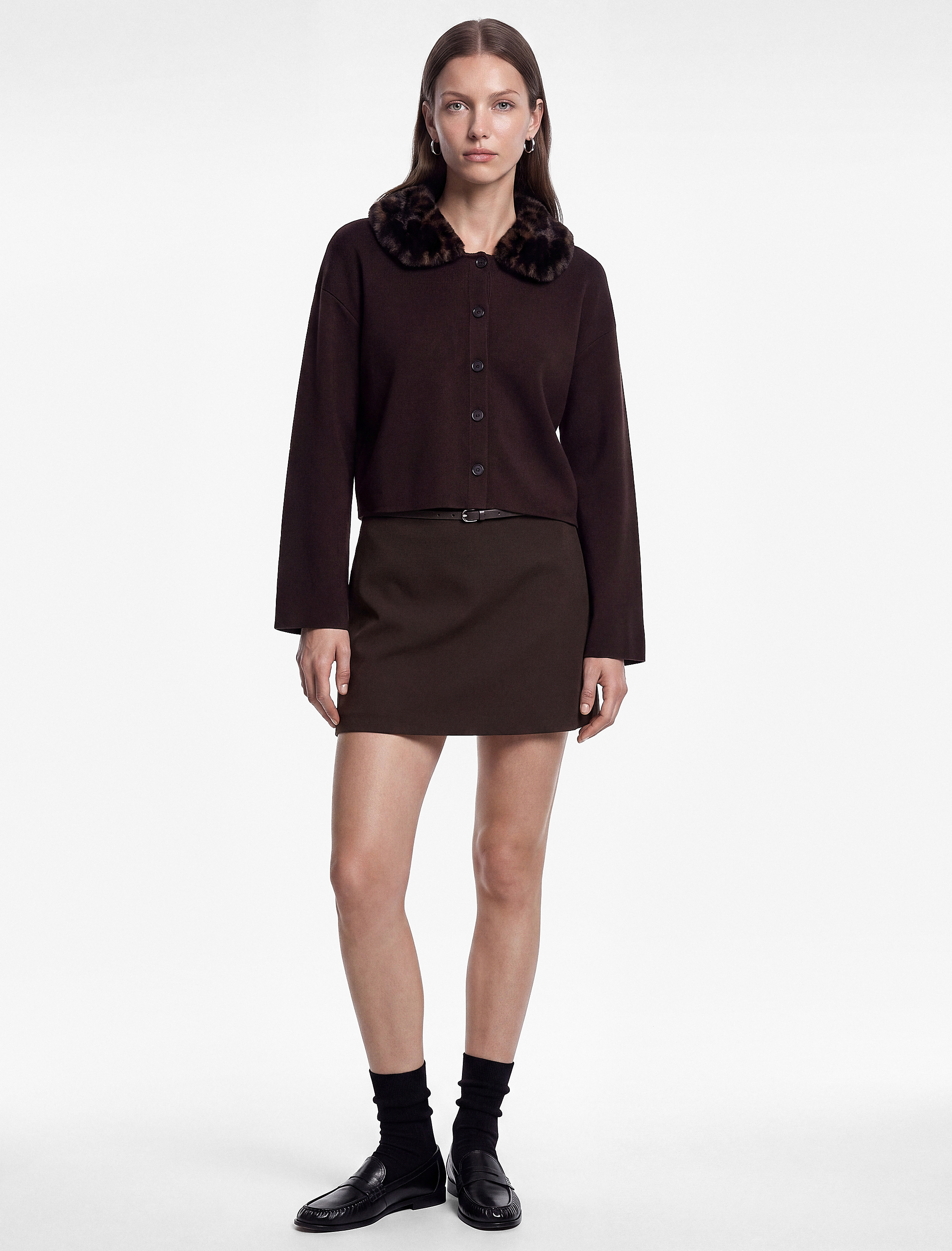   Uzun Kollu Slim Fit Leopar Desenli Suni Kürk Yakalı Hırka