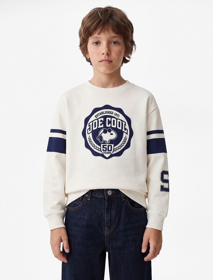 Erkek Çocuk Snoopy Baskılı Uzun Kollu Bisiklet Yaka Şardonlu Lisanslı Sweatshirt