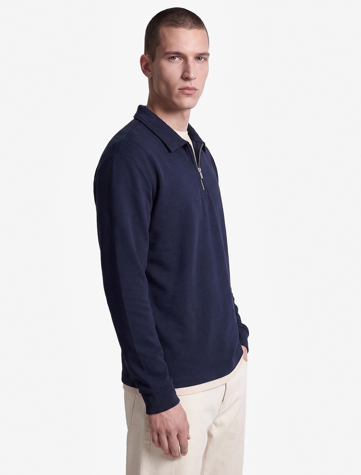  Pamuklu Uzun Kollu Yarım Fermuarlı Polo Yaka Sweatshirt