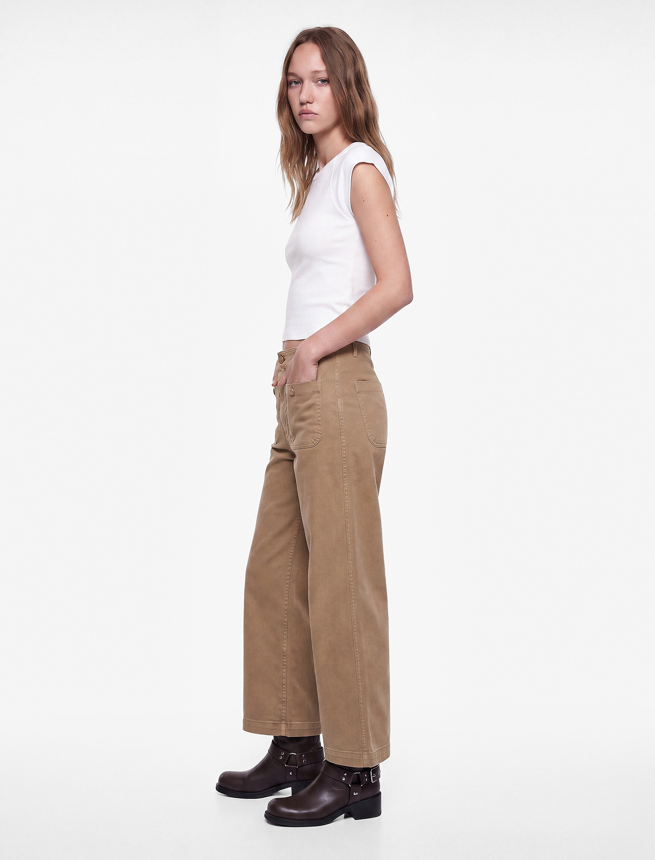   Pamuklu Düğmeli Cepli Yüksek Bel Jean Pantolon - Culotte Jeans