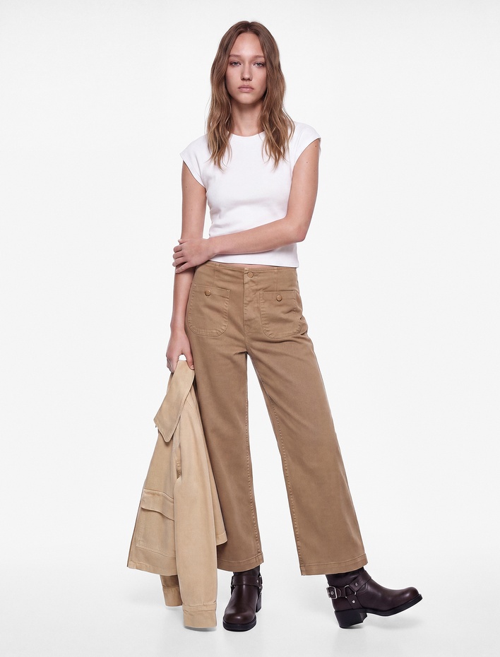  Pamuklu Düğmeli Cepli Yüksek Bel Jean Pantolon - Culotte Jeans