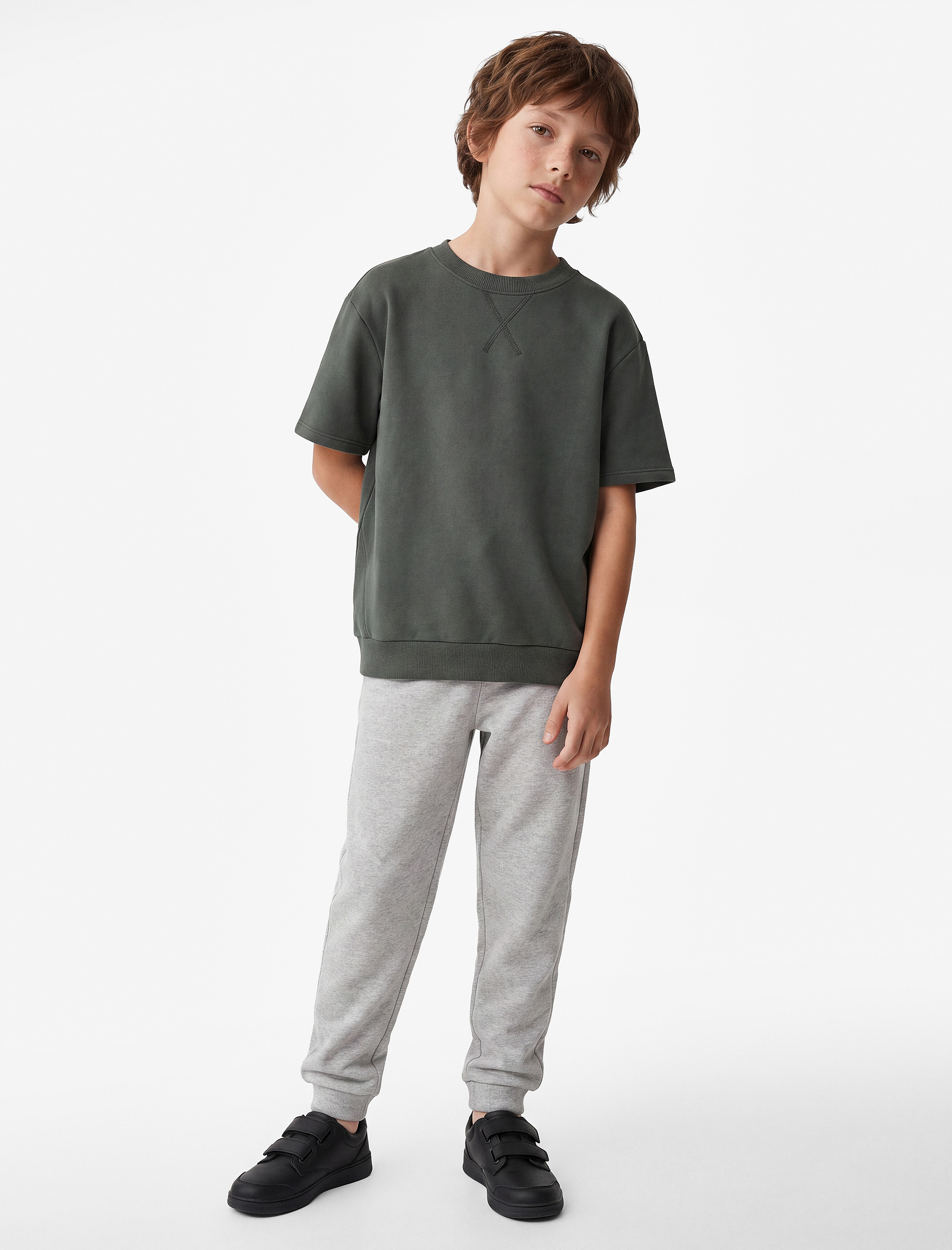  Erkek Çocuk Bisiklet Yaka Pamuklu Kısa Kollu Oversize Sweatshirt