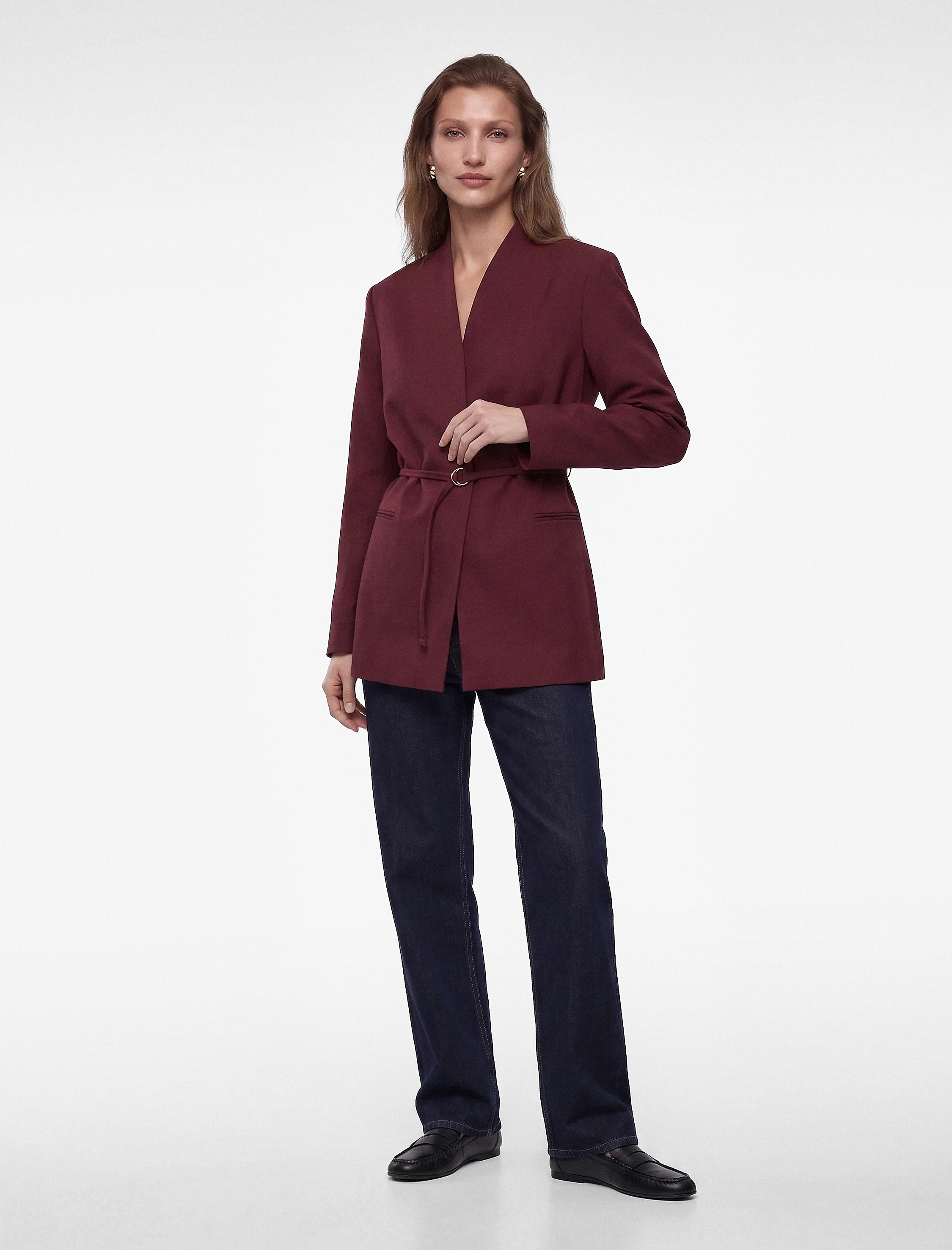   Kemerli Kruvaze Yaka Uzun Kollu Blazer Ceket