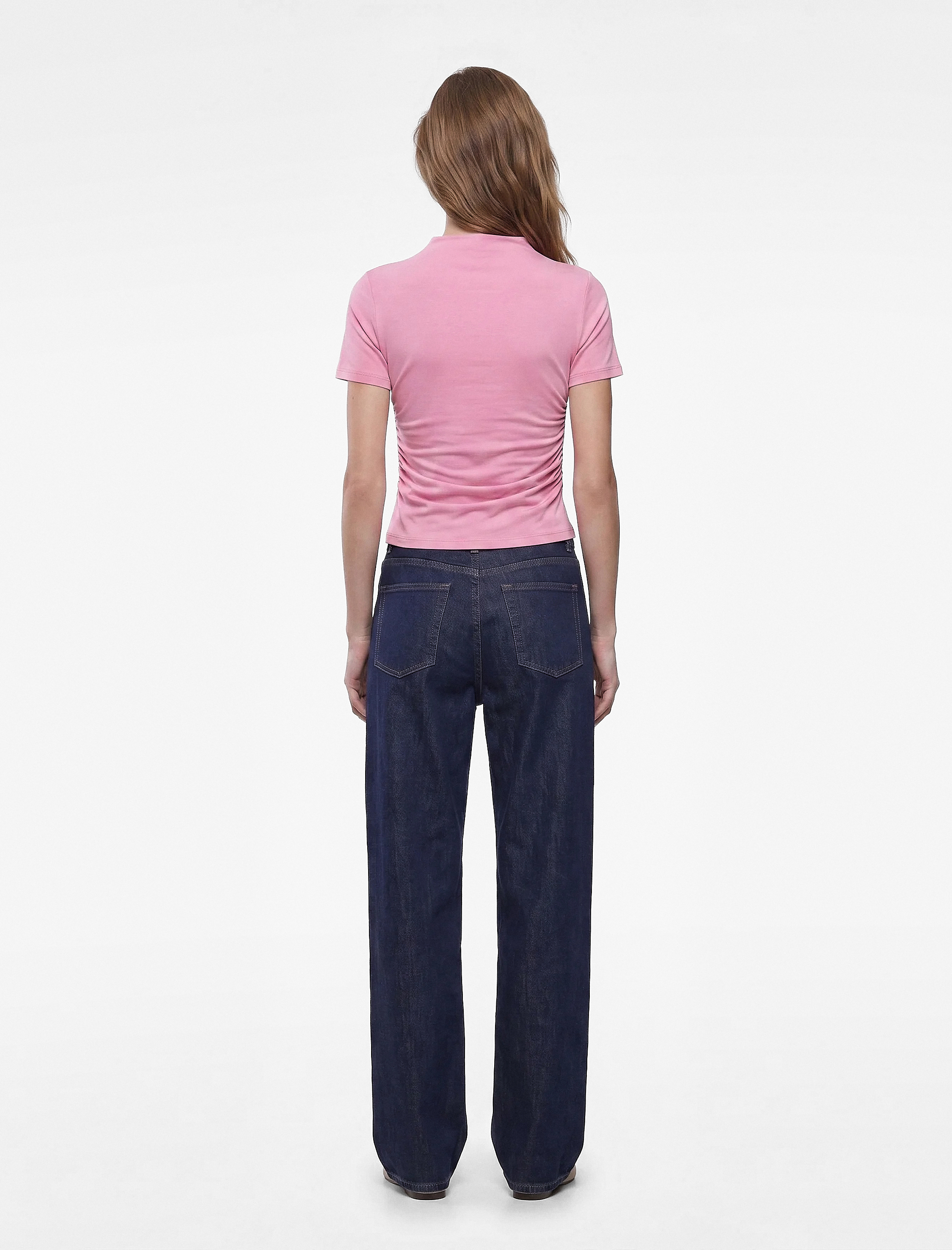  Modal Kumaş Slim Fit Drapeli Kısa Kollu Geniş Dik Yaka Bluz