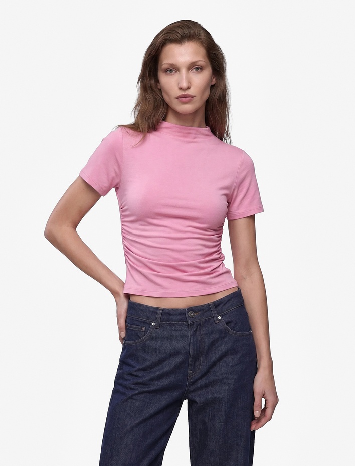  Modal Kumaş Slim Fit Drapeli Kısa Kollu Geniş Dik Yaka Bluz