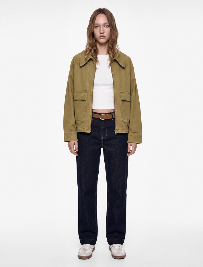  Kemerli Pamuklu Duble Paça Straight Denim Pantolon - Straight Fit Jean